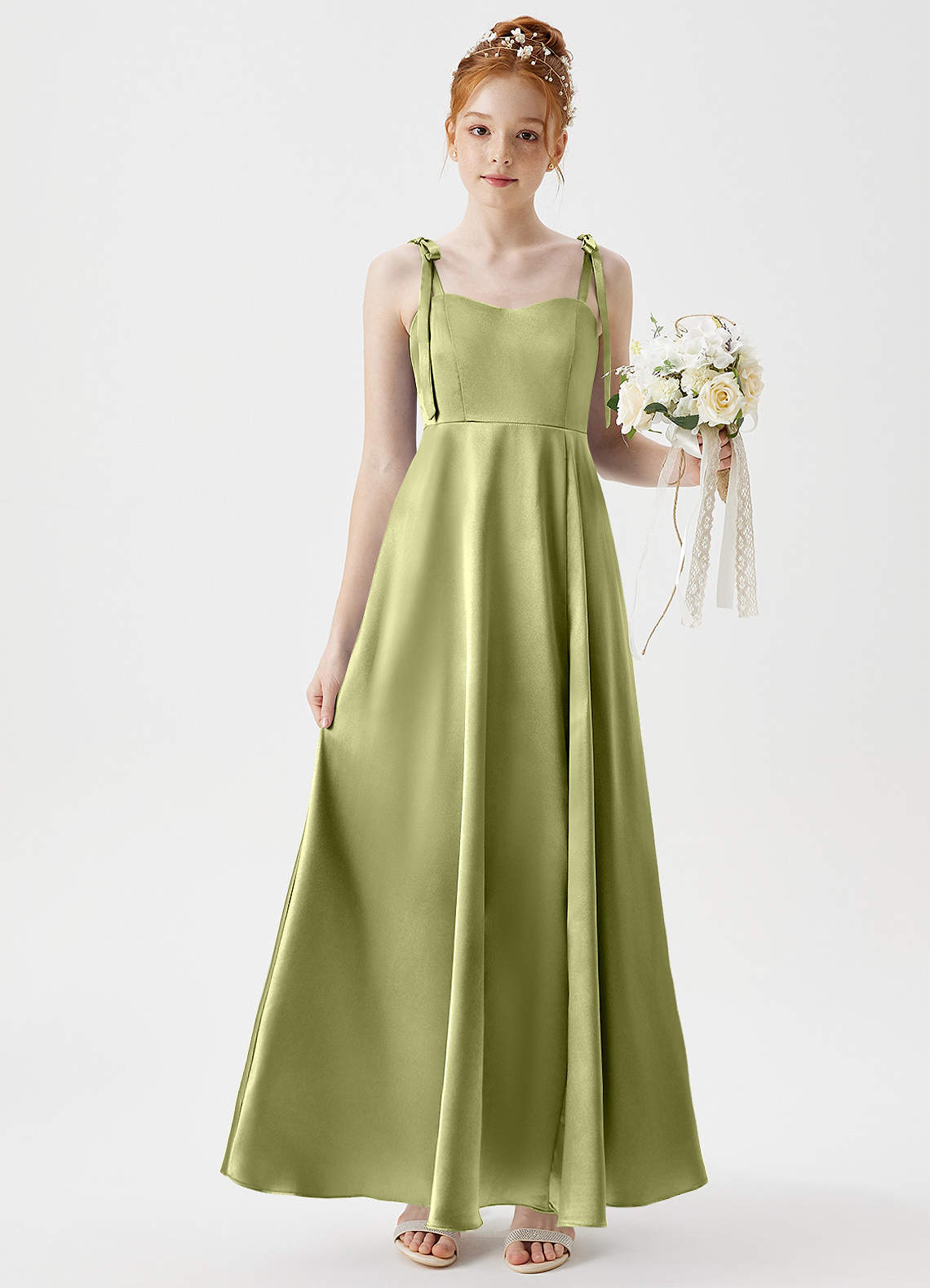 Azazie Rosey Junior A-Linie Herzausschnitt Metallischer Satin Kleid Pistazie image1