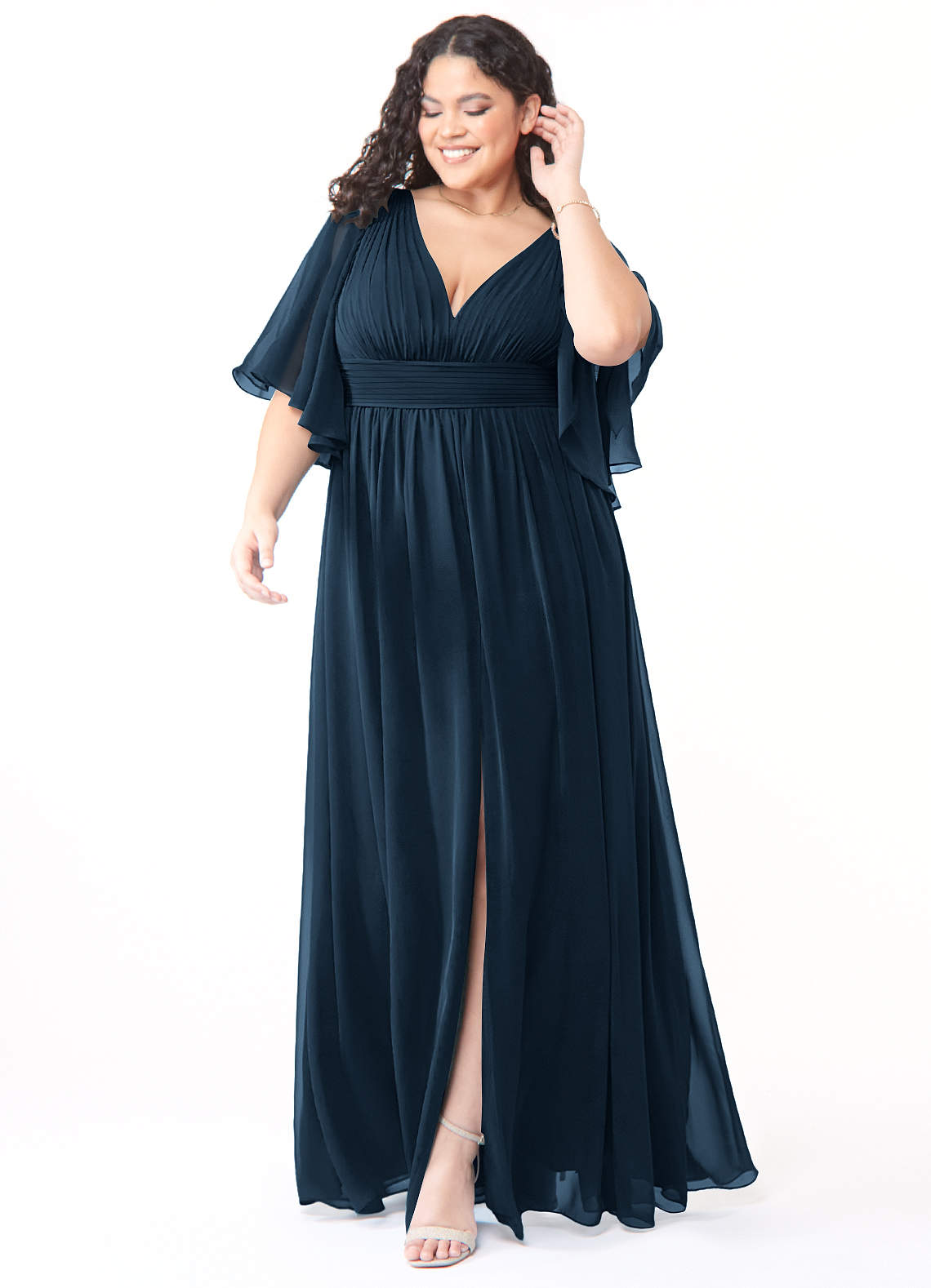 Azazie Temeka Robes de demoiselle d'honneur Robe Trapèze en Mousseline de soie Drapé Bleu Marine Foncé image1