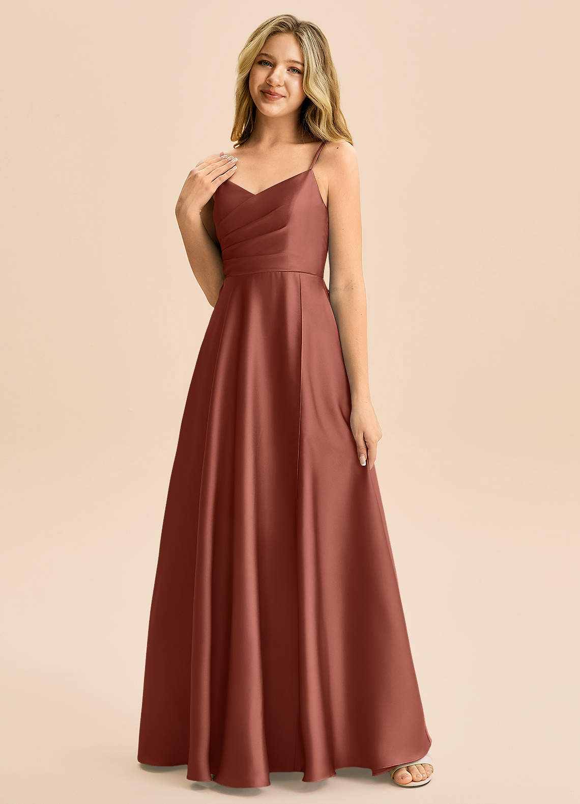 Azazie Rumi Junior Klä av A-Line i Stretch Satin Plisserad image2