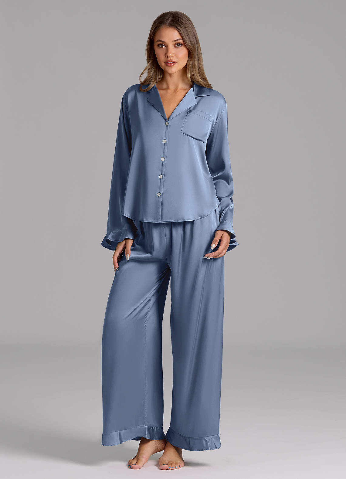 front Matching Color Ruffled Satin Long Sleeve Pajama Set