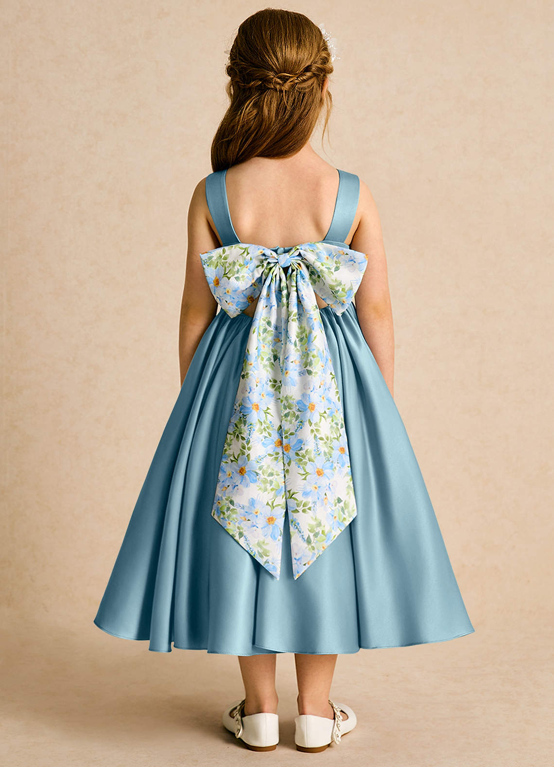 Azazie Doodlebug Flower Girl Dresses Moody Blue A-Line Bow Matte Satin Dress image1