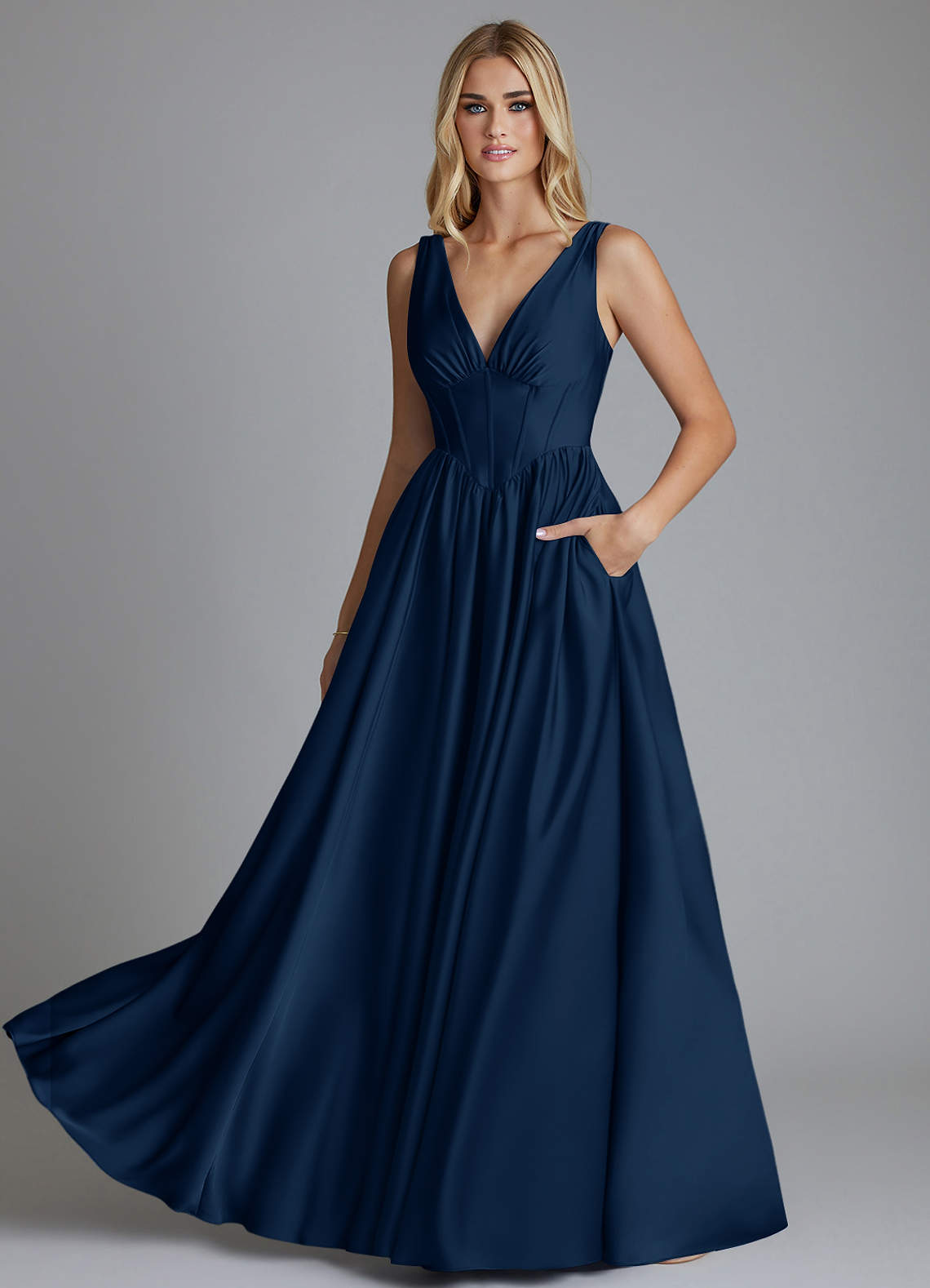 Azazie Delmie Vestidos de madrinha de casamento Vestido Azul Marinho de Cetim elástico de Linha A com Corpete image5