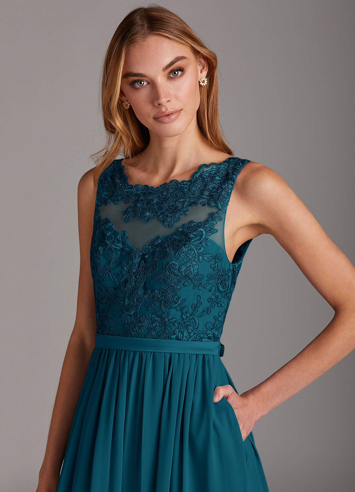 Azazie Elly Bridesmaid Dresses Ink Blue A-Line Lace Scoop Neck Chiffon Dress image5