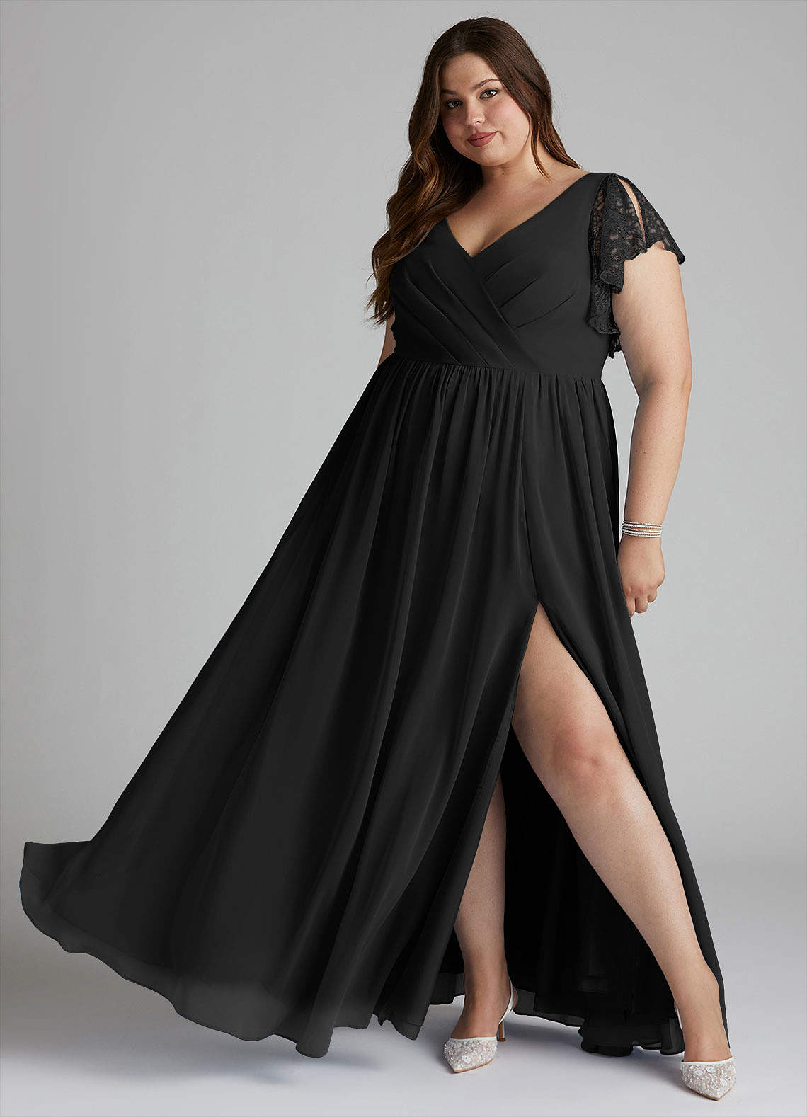 Azazie Zella Abiti da Damigella Abito A-Line in Chiffon Pizzo Nero image1