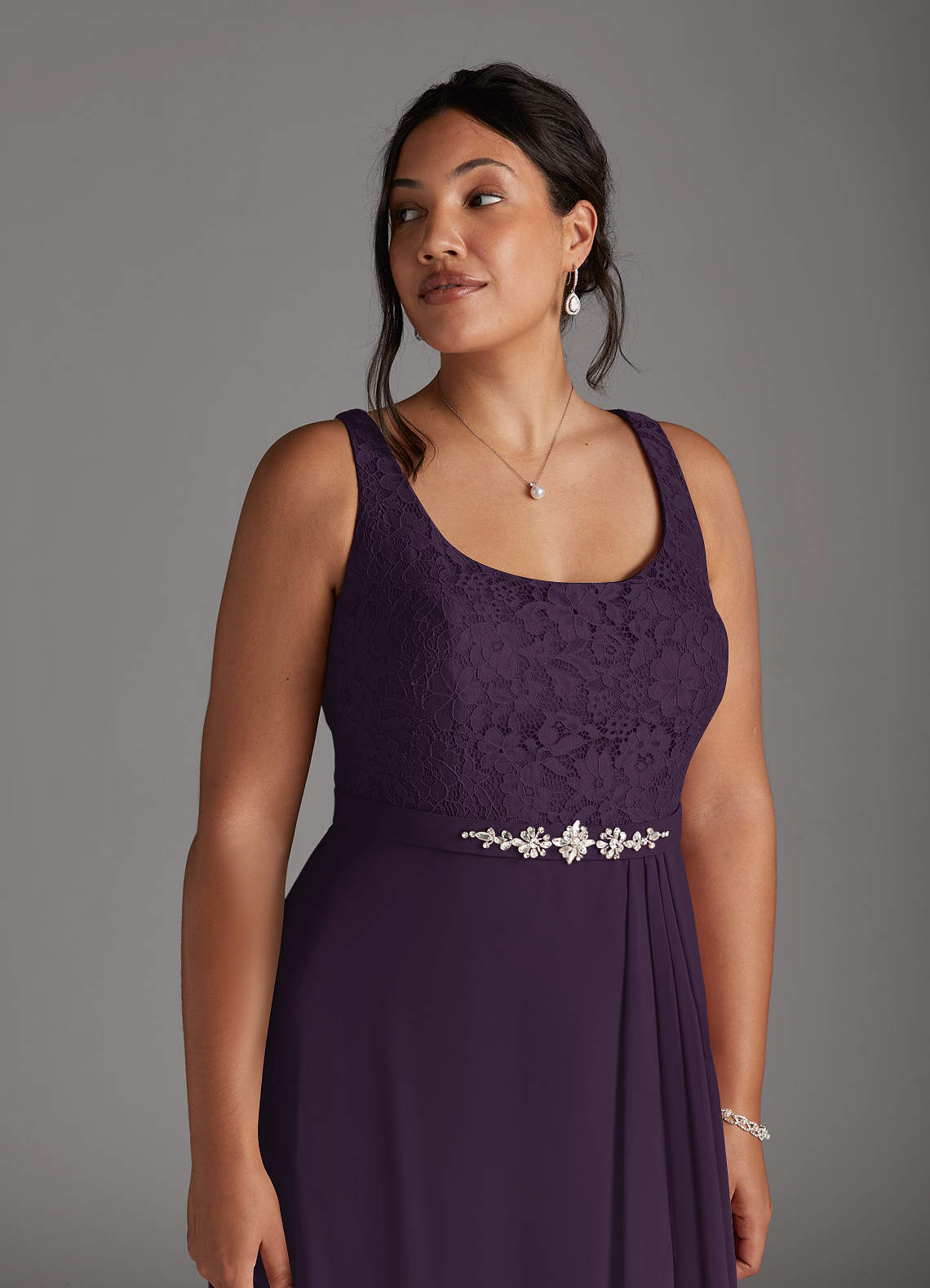Azazie Ainsling Mother of the Bride Dresses Plum A-Line Square Neckline Lace Chiffon Dress image12