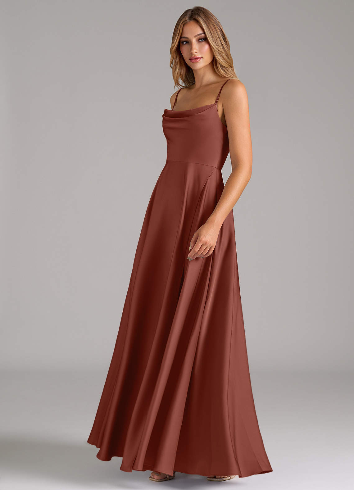 Azazie Elle Bridesmaid Dresses Auburn A-Line Pleated Stretch Satin Dress image5