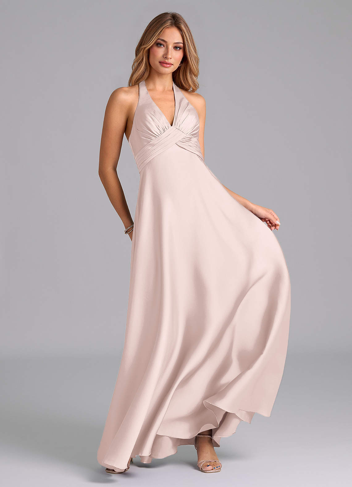 Azazie Tessie Vestidos de damas de honor Vestido de Rosa Rubor de Satén Elástico de Línea A con Plisado image3