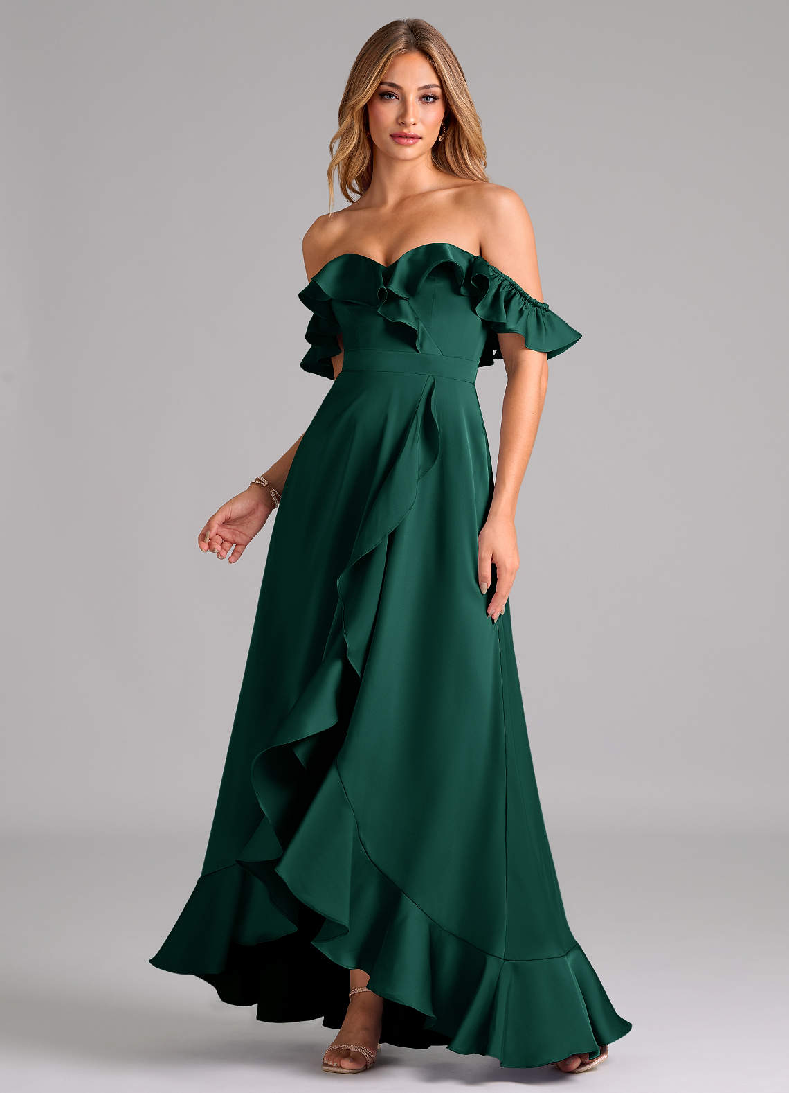 Azazie Lyra Bridesmaid Dresses Emerald A-Line Off the Shoulder Stretch Satin Convertible Dress image1