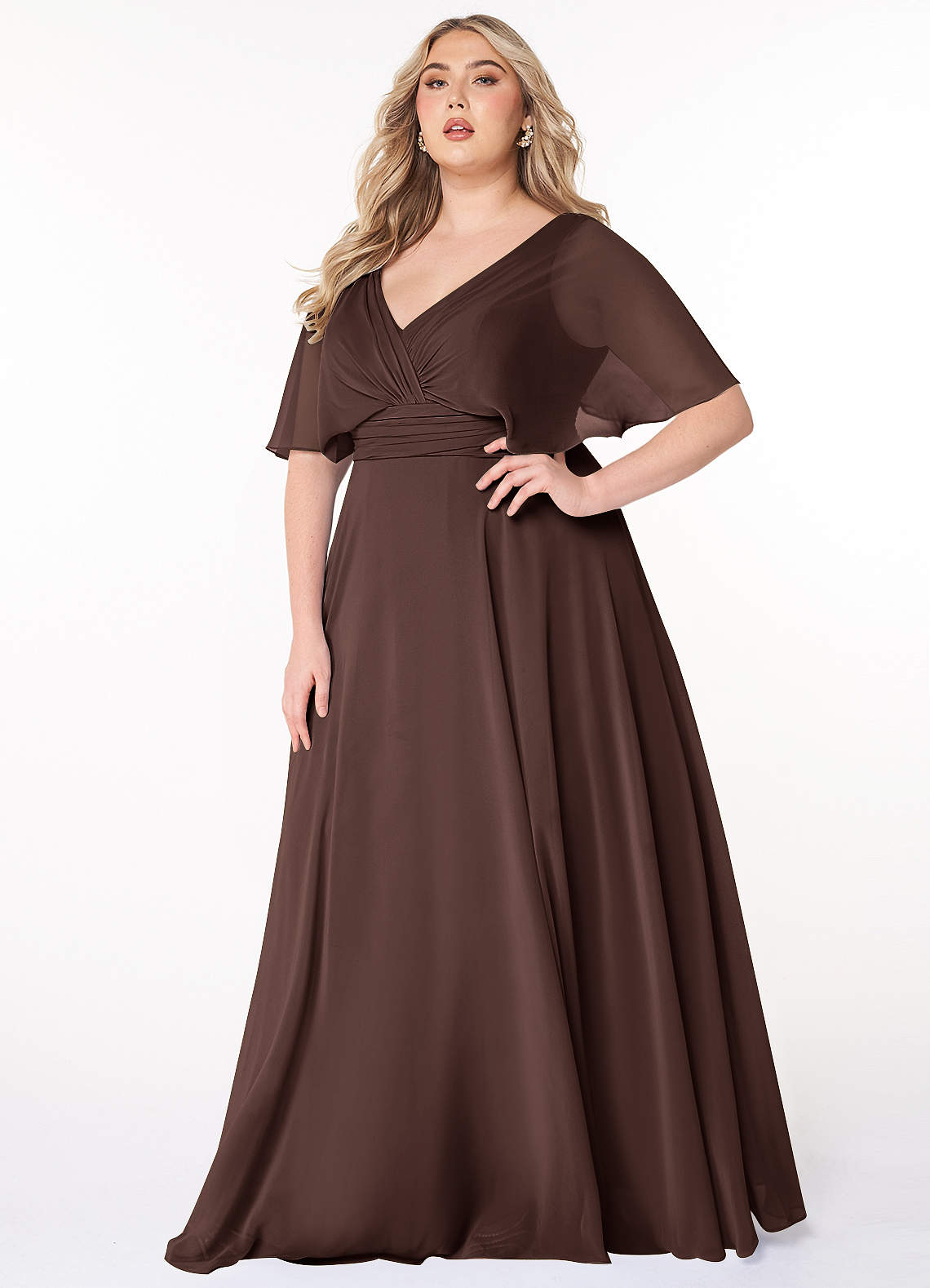 Azazie Pamela Robes de demoiselle d'honneur Robe Trapèze en Mousseline de soie Col V plissé Ganache image1
