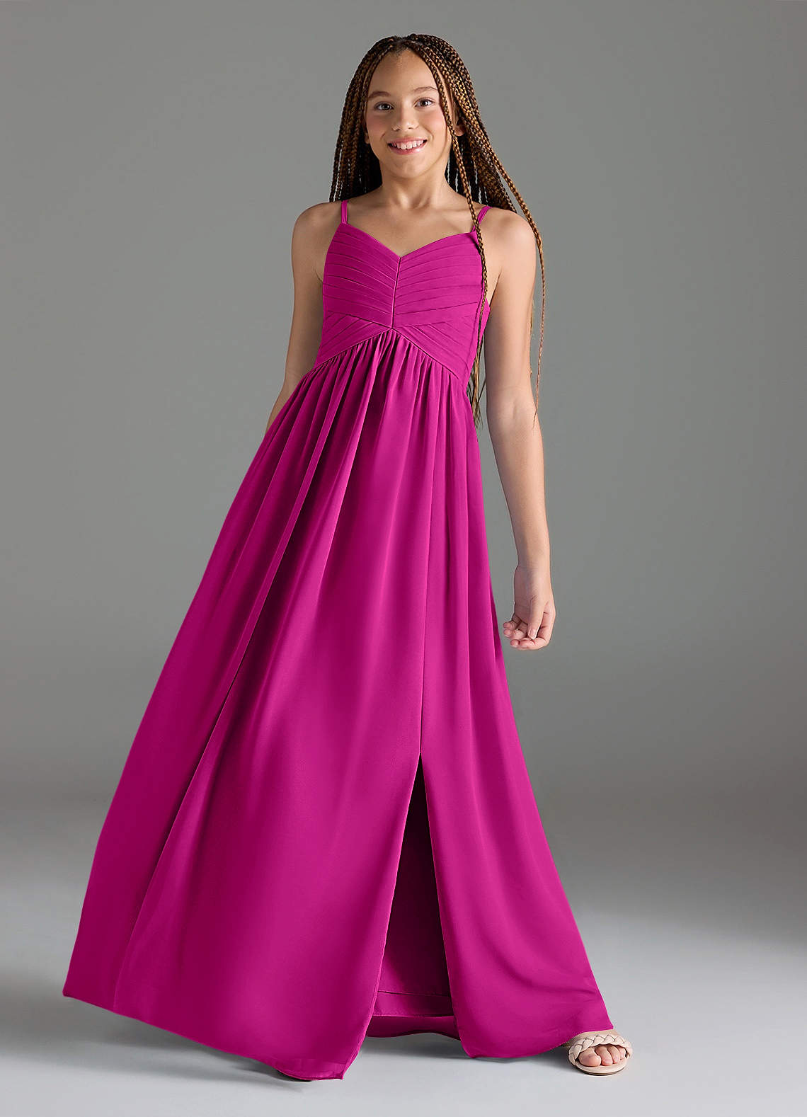 Azazie Alia Junior Fuchsia A-Line Pleated Chiffon Dress image1