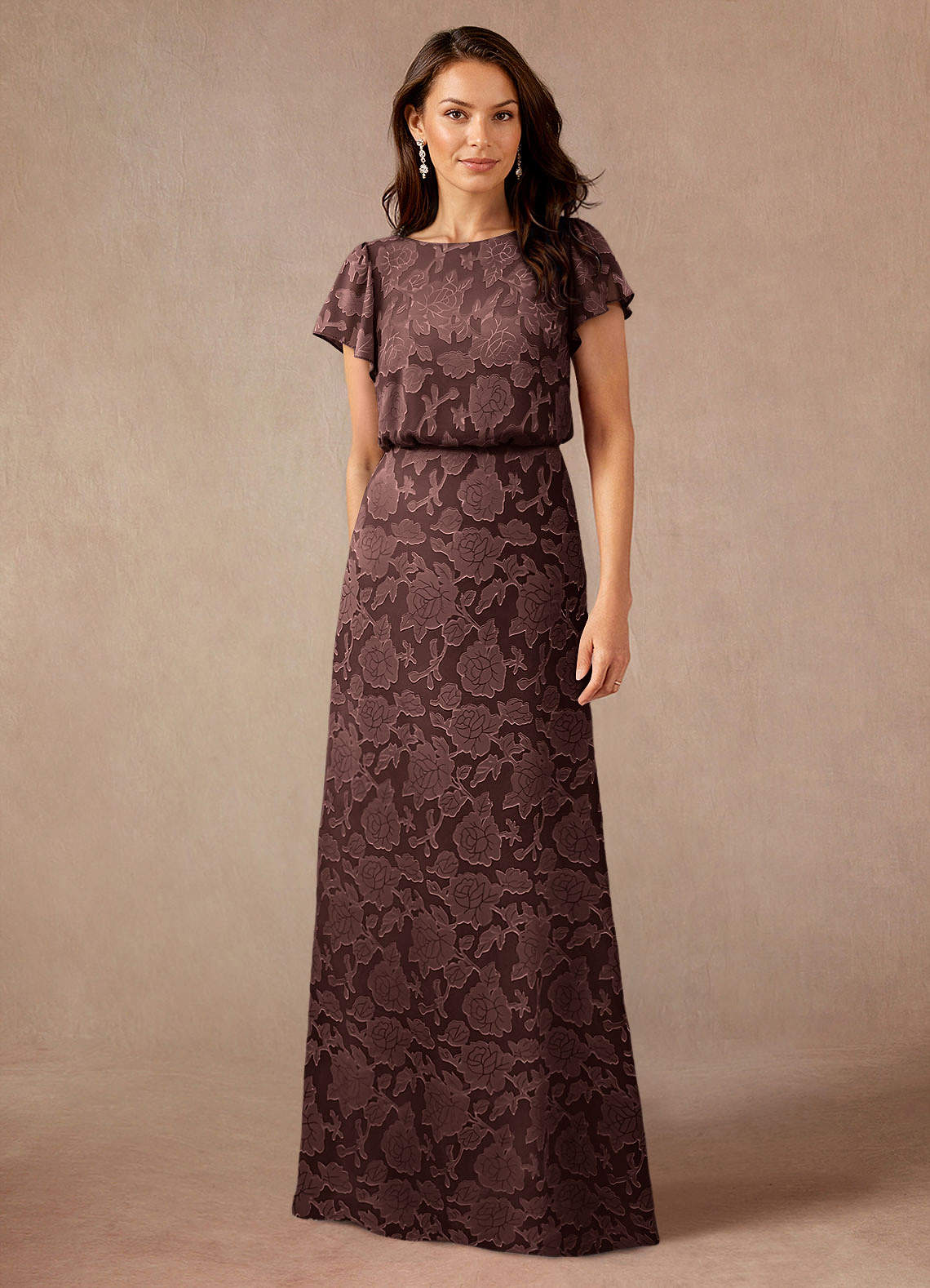 Azazie Lehi Mother of the Bride Dresses Espresso A-Line Boatneck Floral Burnout Dress image1