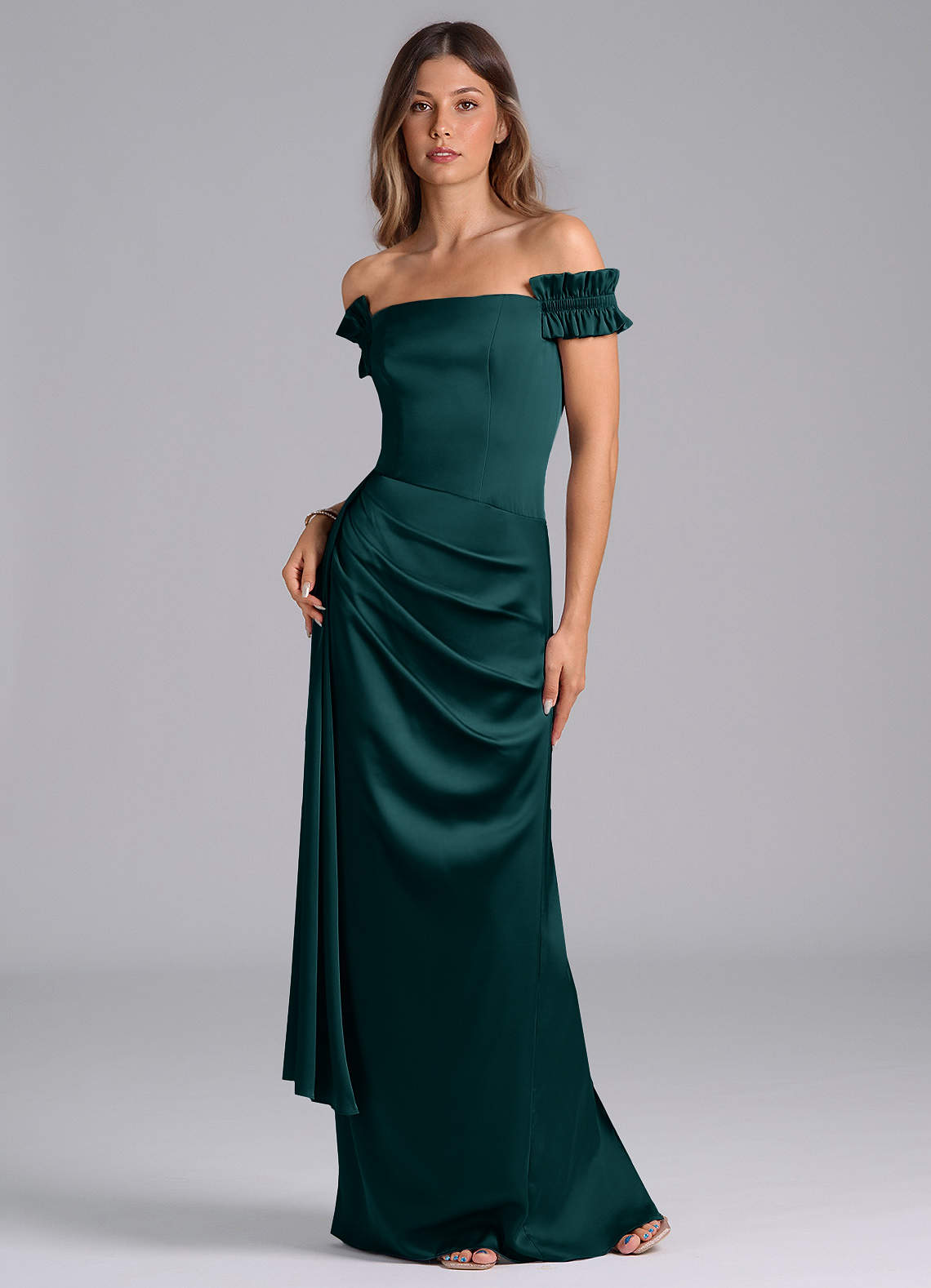 Azazie Kalysia Brautjungfernkleider Wandelbar Meerjungfrau-Linie Schulterfrei Stretch-Satin Kleid Kiefer image1