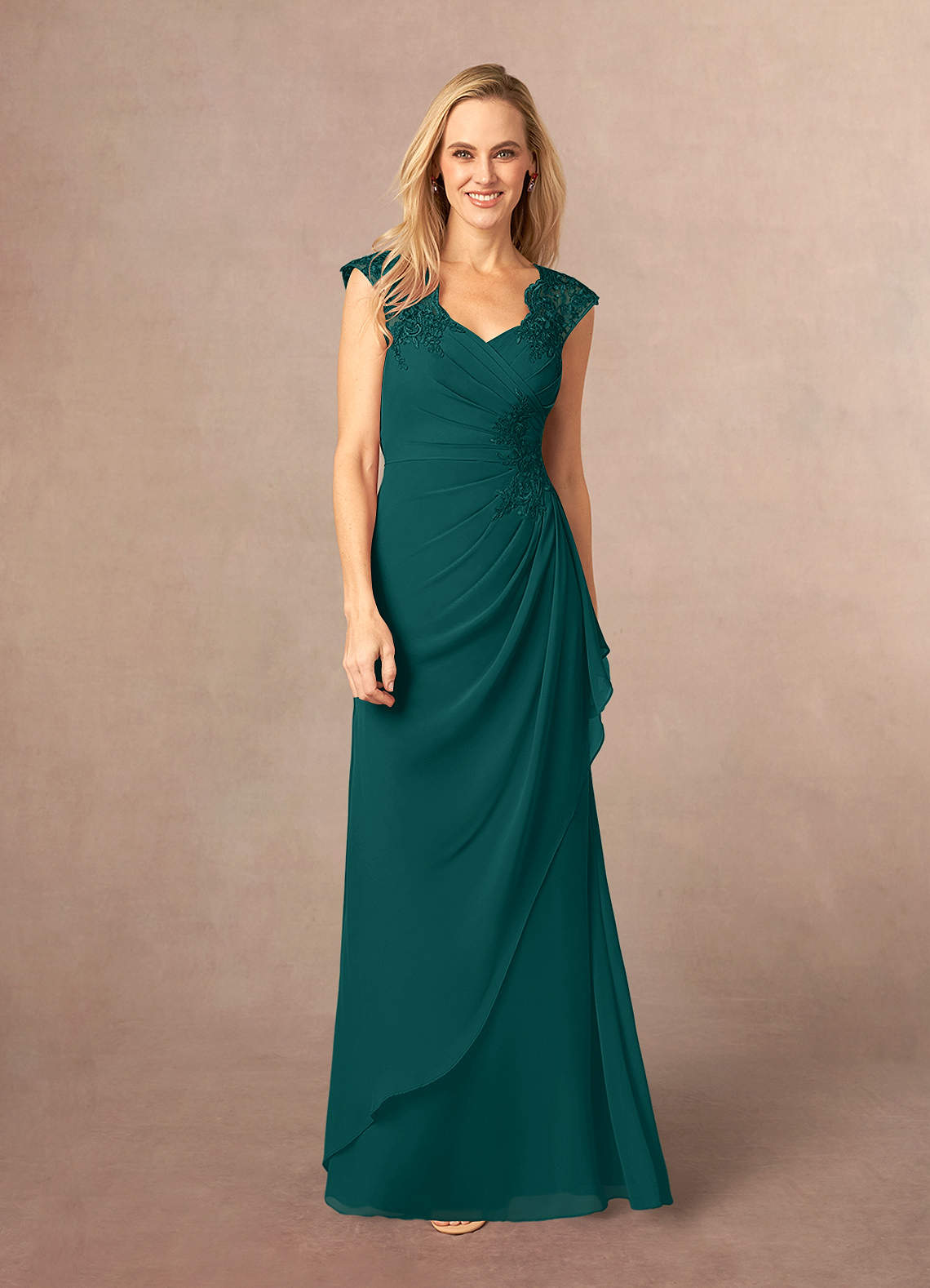 Azazie Gladys Peacock A-Line Queen Anne Lace Chiffon Dress | Azazie