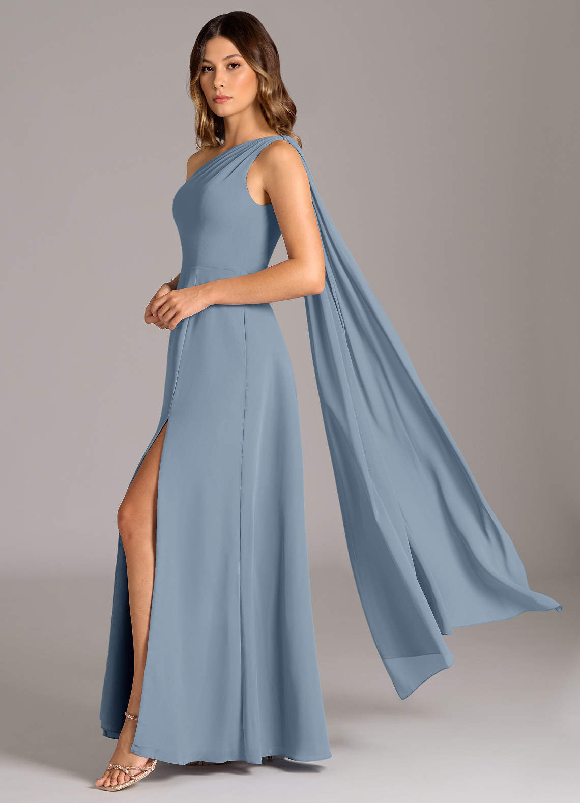 Azazie Tella Jurken voor bruidsmeisjes Jurk van Chiffon met A-Lijn One-Shoulder Stoffig Blauw image1