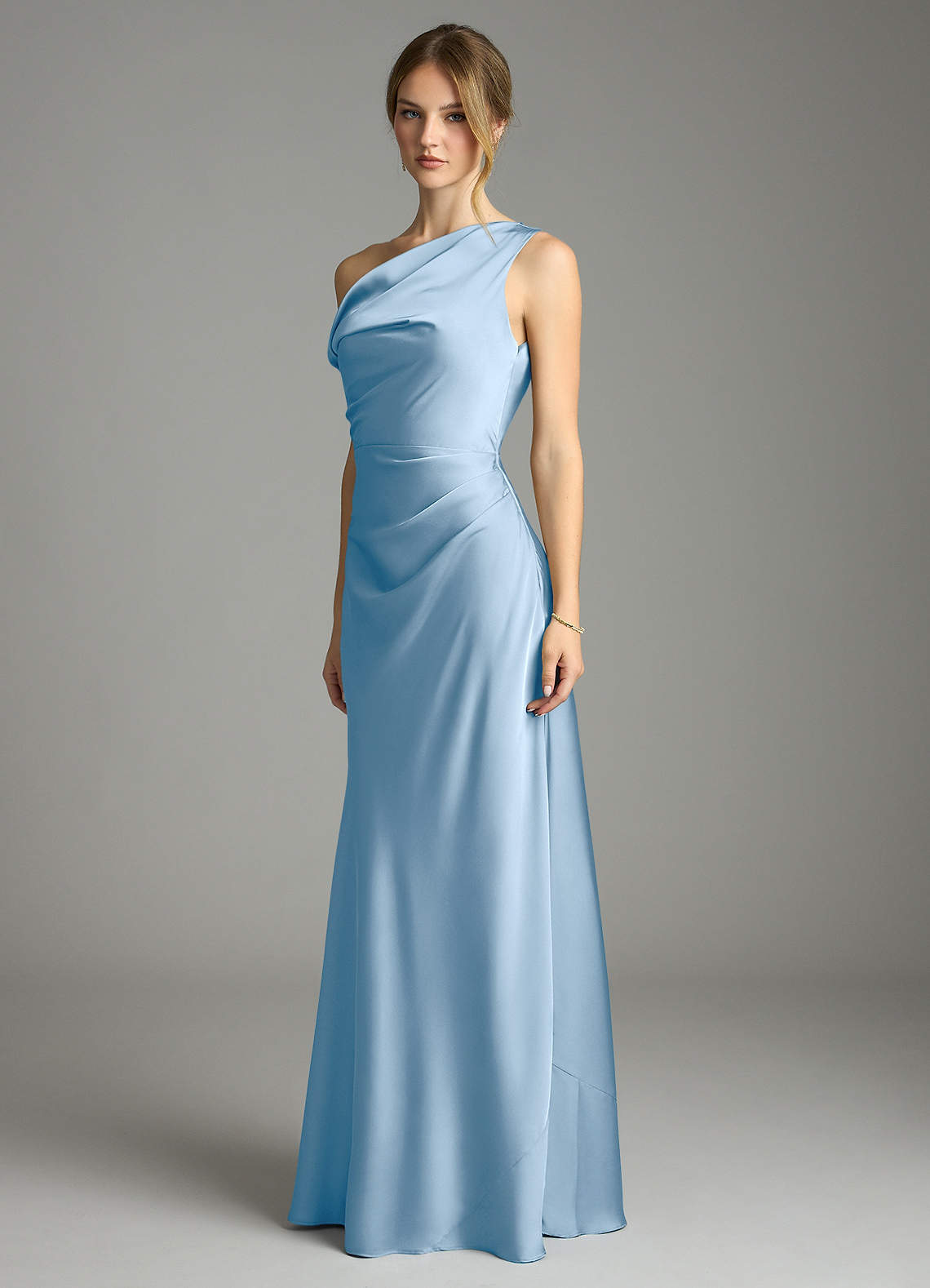 Azazie Emerson Bridesmaid Dresses Powder Blue Mermaid Off the Shoulder Stretch Satin Dress image3