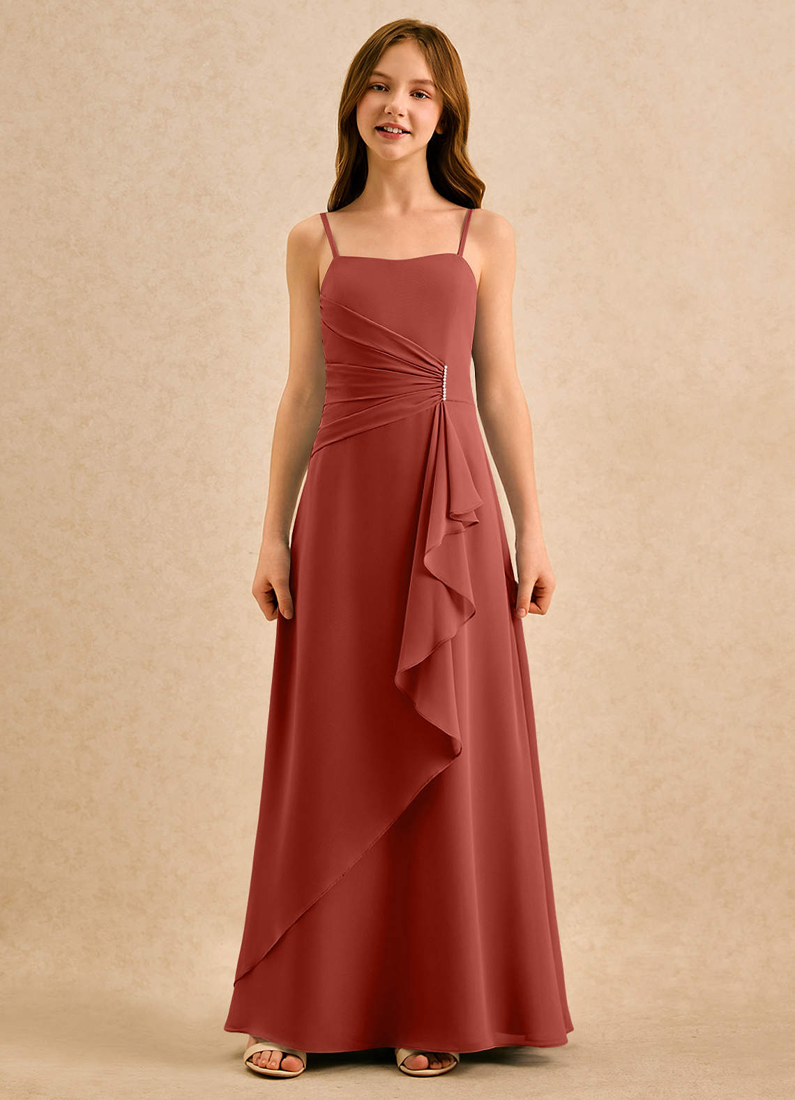 Azazie lolly Girls Formal Robe Demoiselle D'honneur Fillette Robe Trapèze en Mousseline de soie Plissée Terracotta image3
