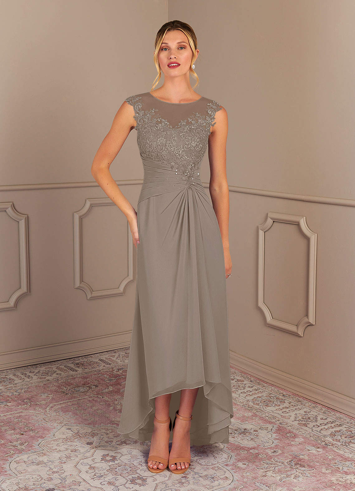 Scoop Lace Bodice Ruffle Chiffon Asymmetrical Dress Azalea main image 1