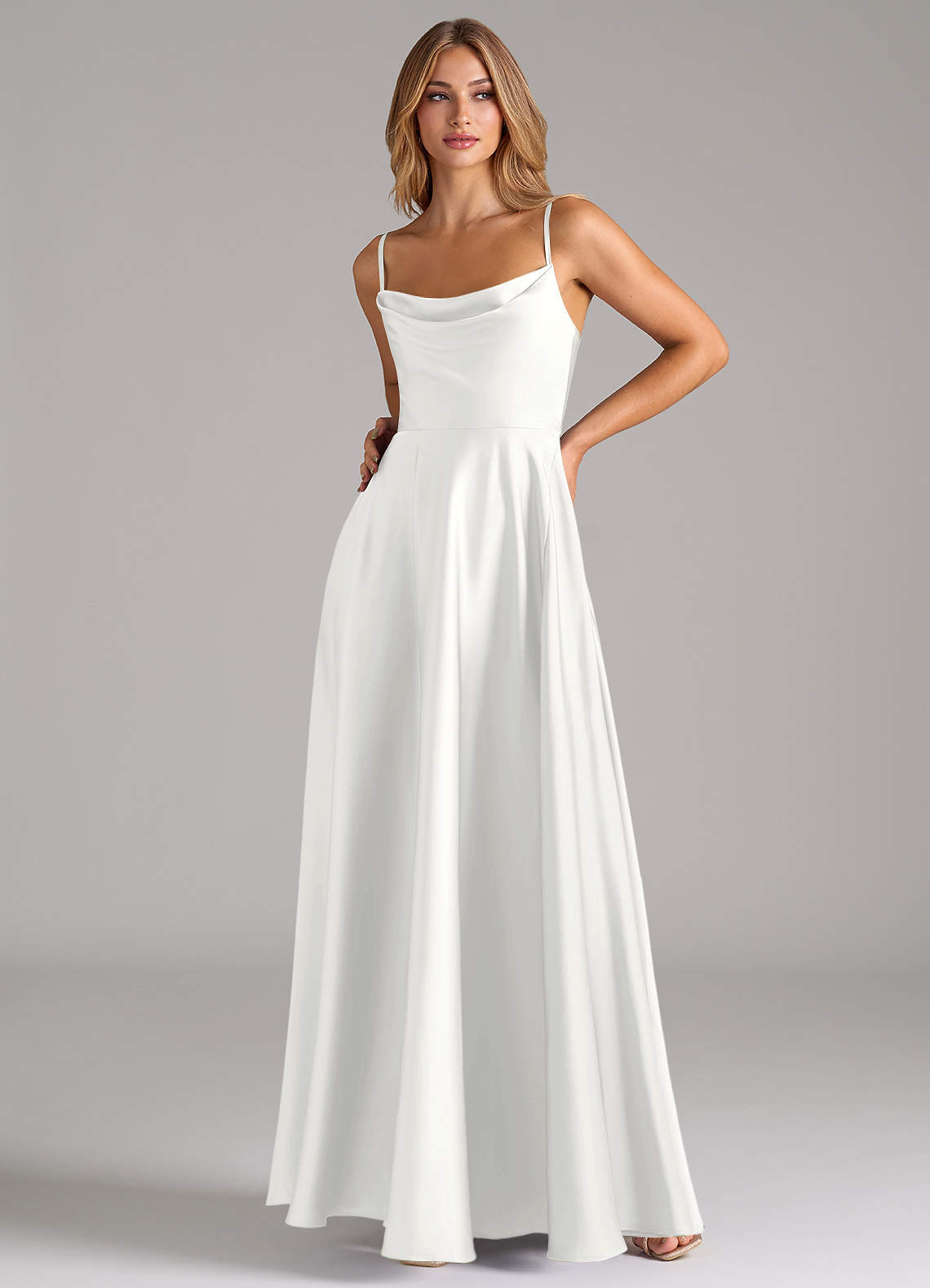 Azazie Elle Vestidos de damas de honor Vestido de Blanco de Satén Elástico de Corte en A con Plisado image4