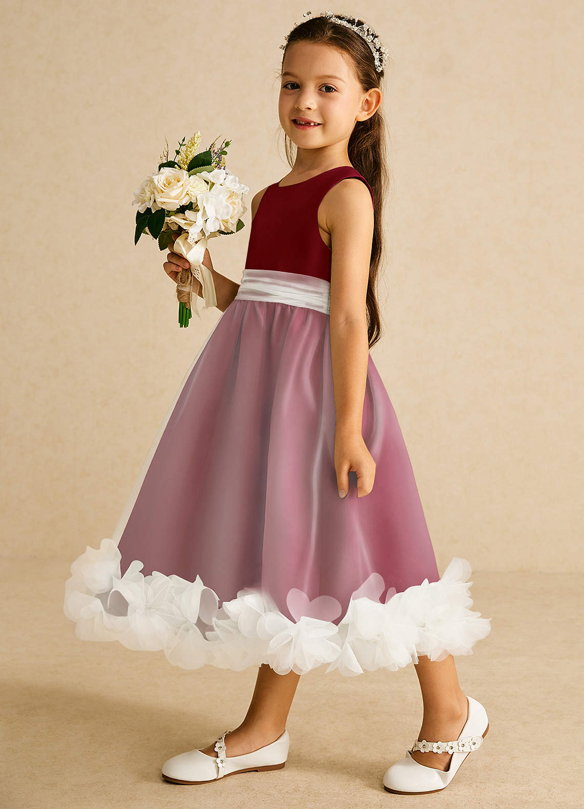 Azazie Stardust Flower Girl Dresses Burgundy A-Line Sleeveless Organza Dress image2