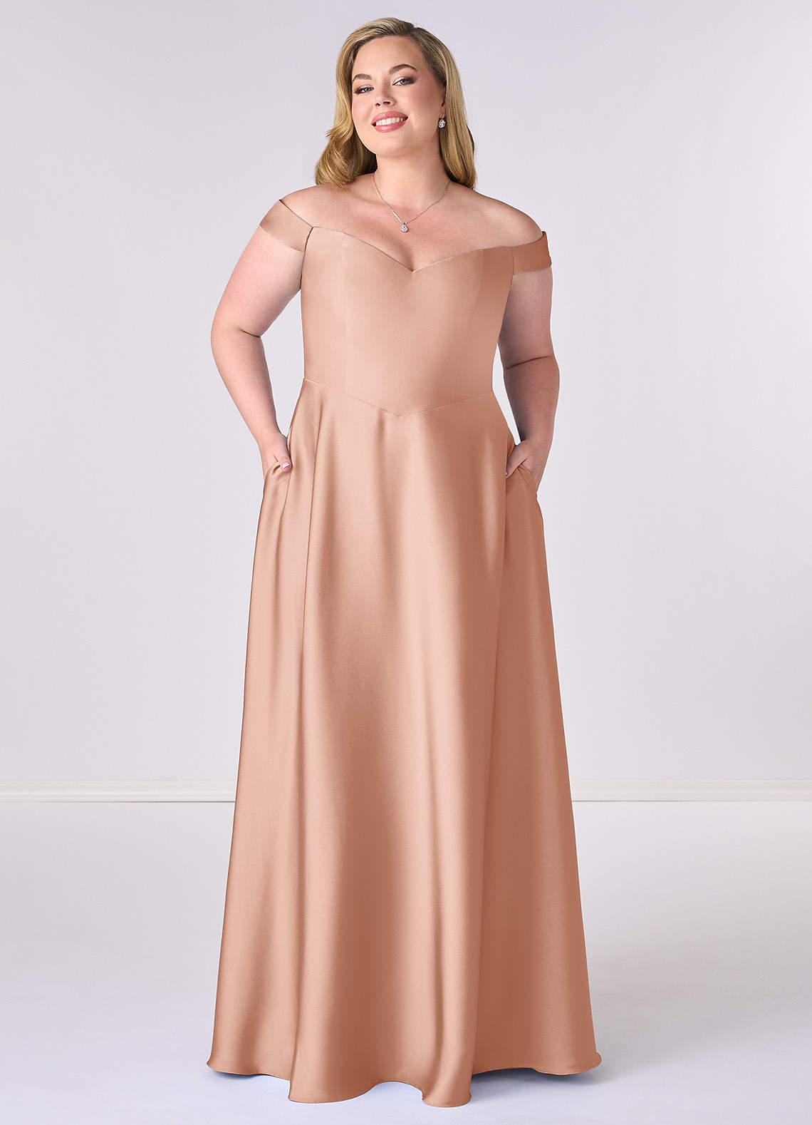 Barbie ♥ Azazie Brautjungfernkleider Wandelbar A-Linie Schulterfrei Stretch-Satin Kleid Roségold image1