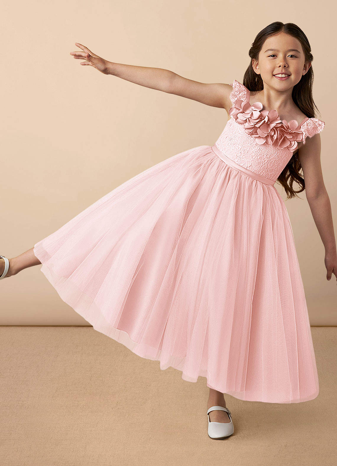Azazie Demetra Flower Girl Dresses Blushing Pink A-Line Lace Tulle Dress image1
