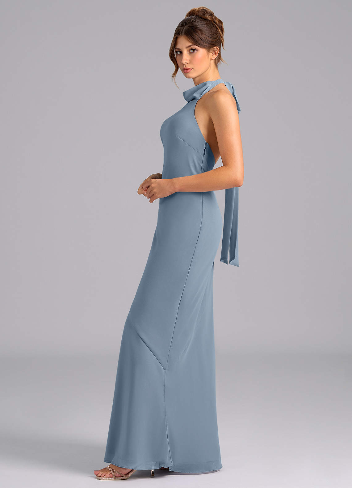 Azazie Velli Bridesmaid Dresses Dusty Blue Mermaid High Neck Chiffon Dress image4
