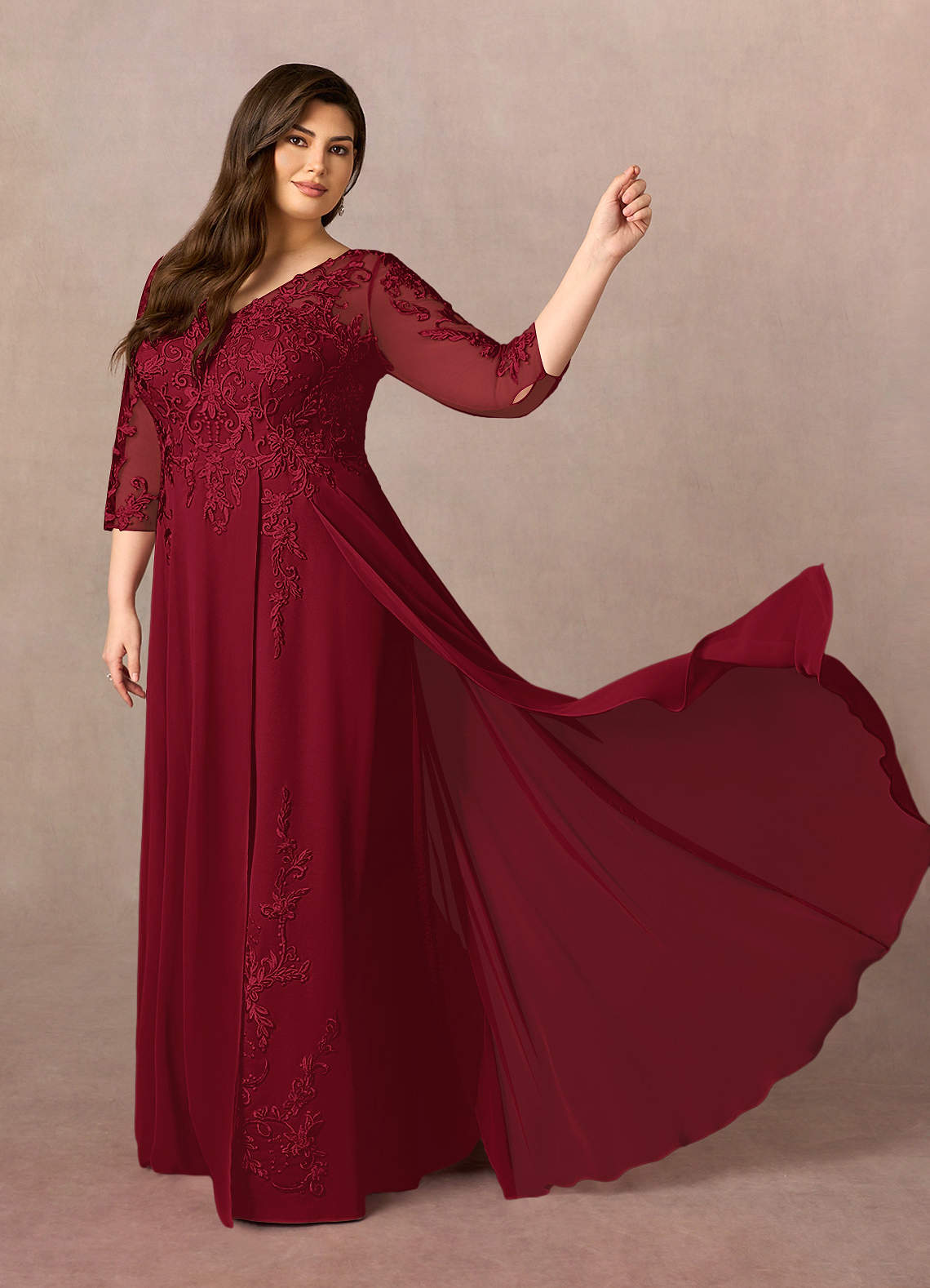 Azazie Plus Size A-Line/Princess V-Neck Floor-Length Stretch Crepe Mother of the Bride or Groom Dresses - Burgundy