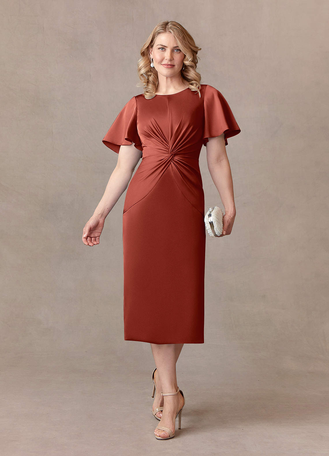 Azazie Everlyn Terracotta Sheath Pleated Stretch Satin Dress | Azazie