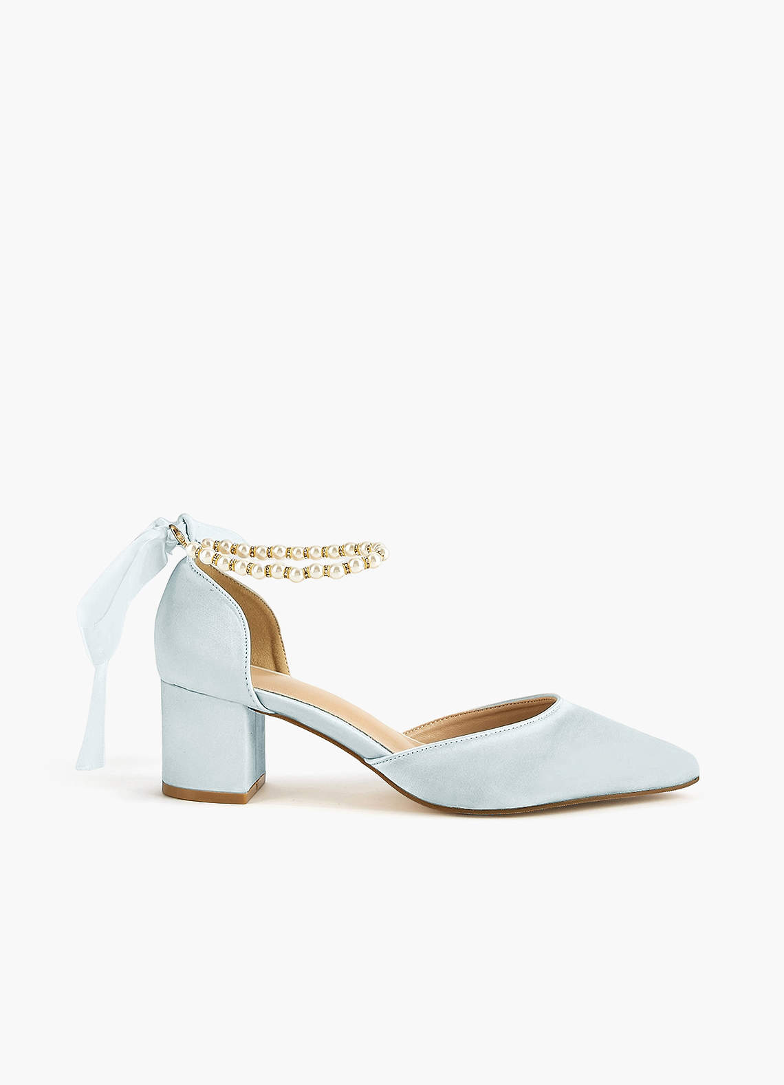 Baby Blue Satin Pearl and Bow Pointed Toe Block Heels Azazie UK