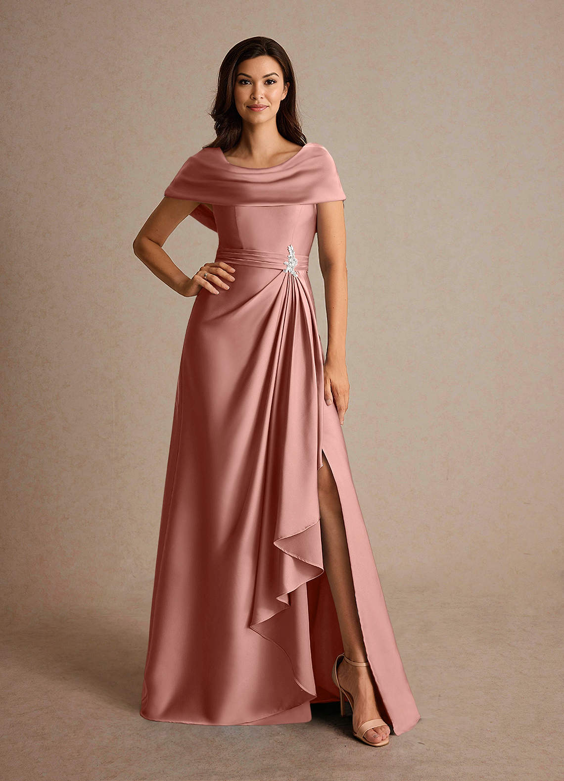 Azazie Branford Mother of the Bride Dresses Rosette A-Line Pleated Stretch Satin Dress image4