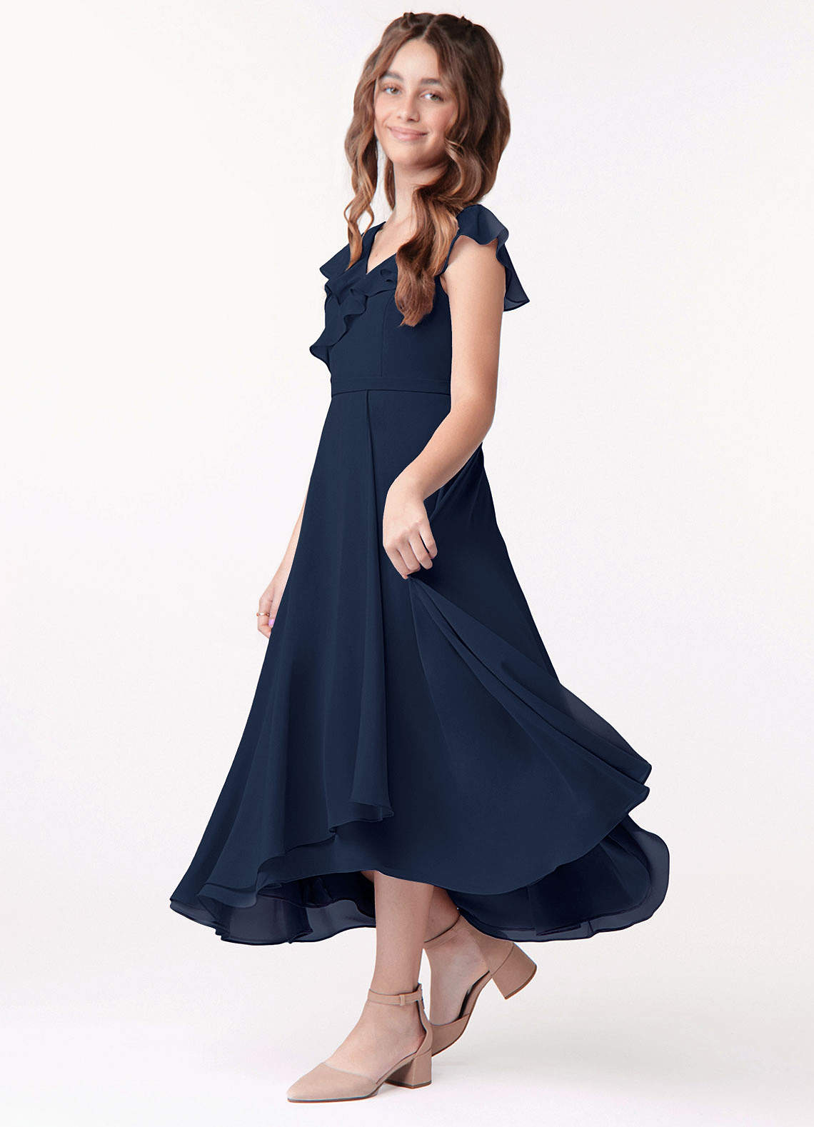 Azazie A-Line/Princess V-Neck Tea-Length Chiffon Junior Bridesmaid Dresses - Dark Navy