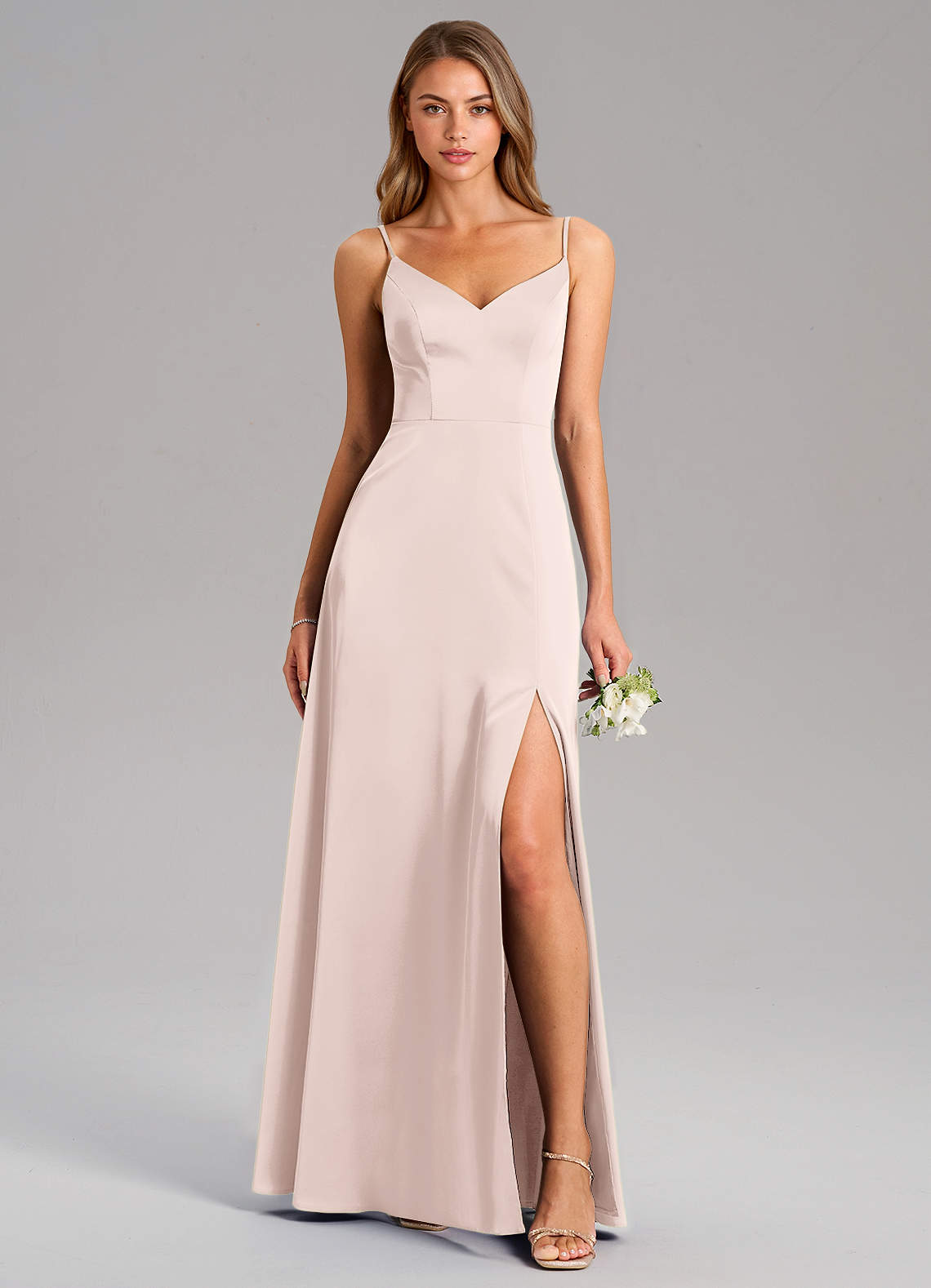 Azazie Talina Robes de demoiselle d'honneur Robe Trapèze en Satin extensible Rose Pâle image1