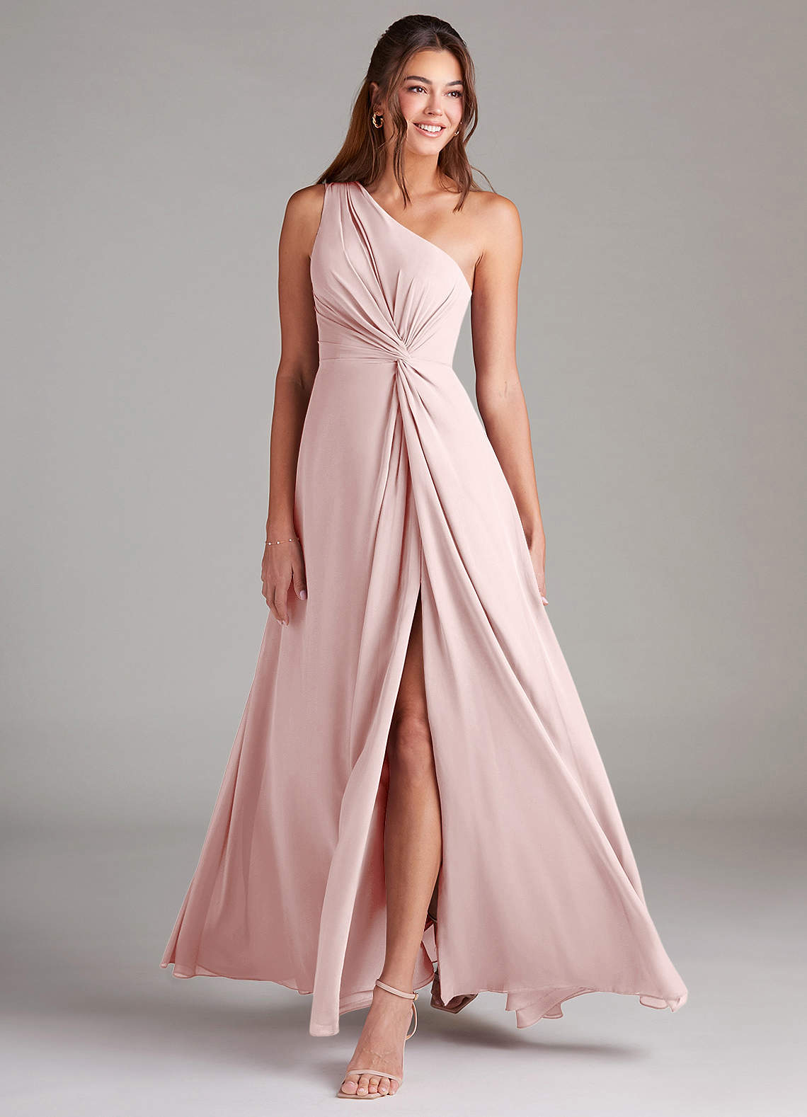 Azazie Brooke Bridesmaid Dresses Blushing Pink A-Line One Shoulder Chiffon Dress image2