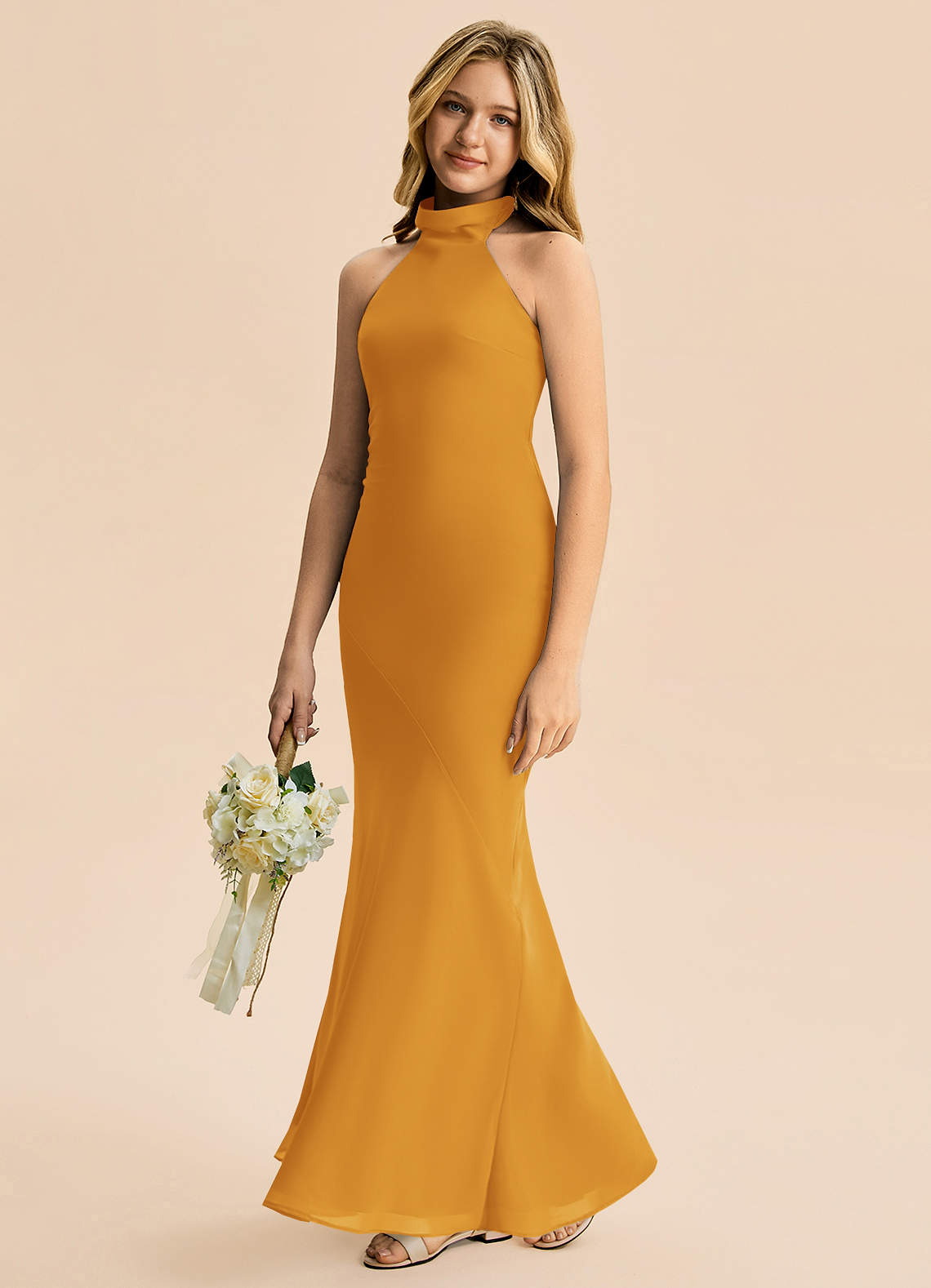 Azazie Velli Junior Vestido Caramelo de Chiffon de sereia com Pescoço alto image3