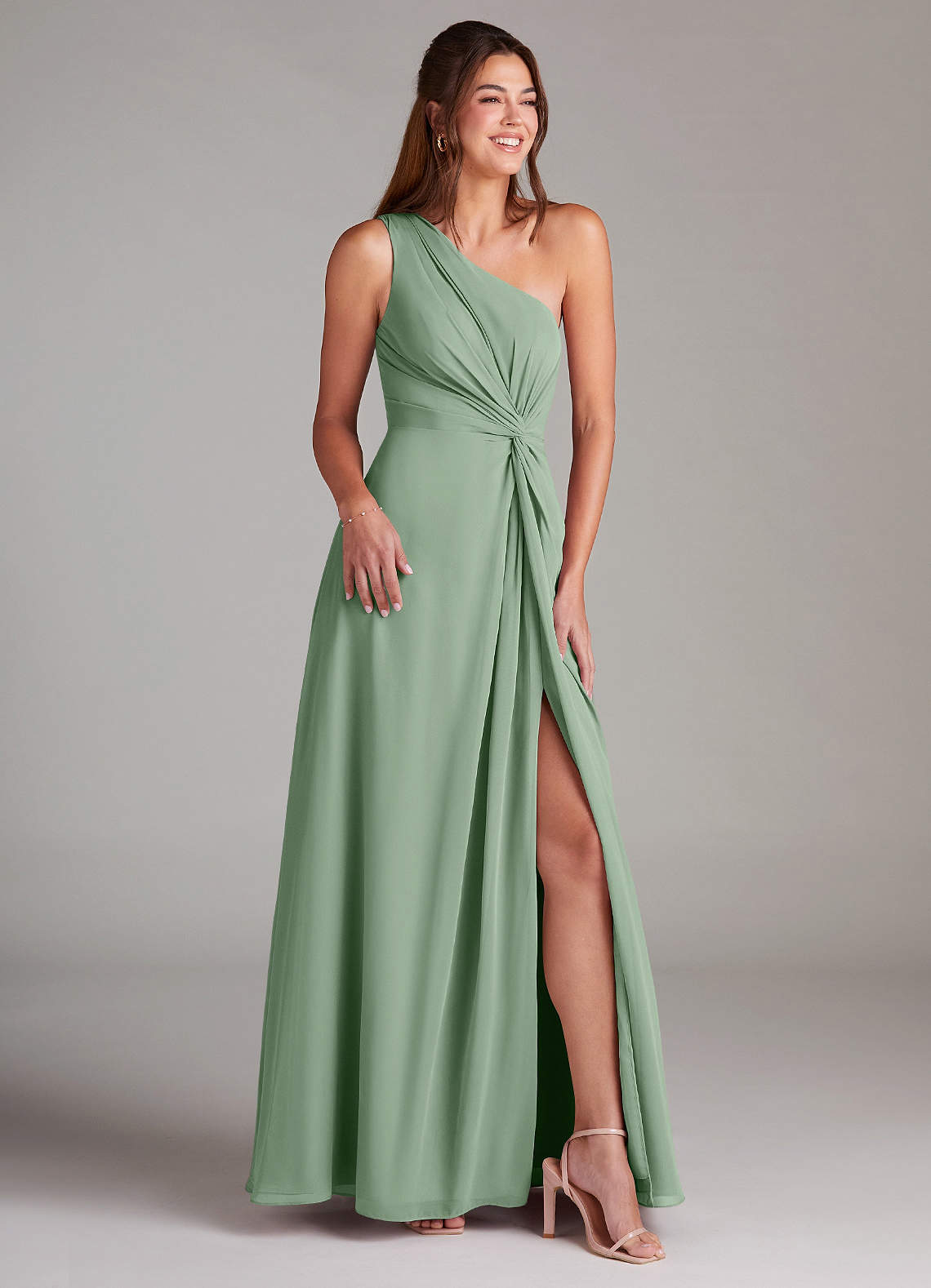 Azazie Brooke Bridesmaid Dresses Matcha A-Line One Shoulder Chiffon Dress image3