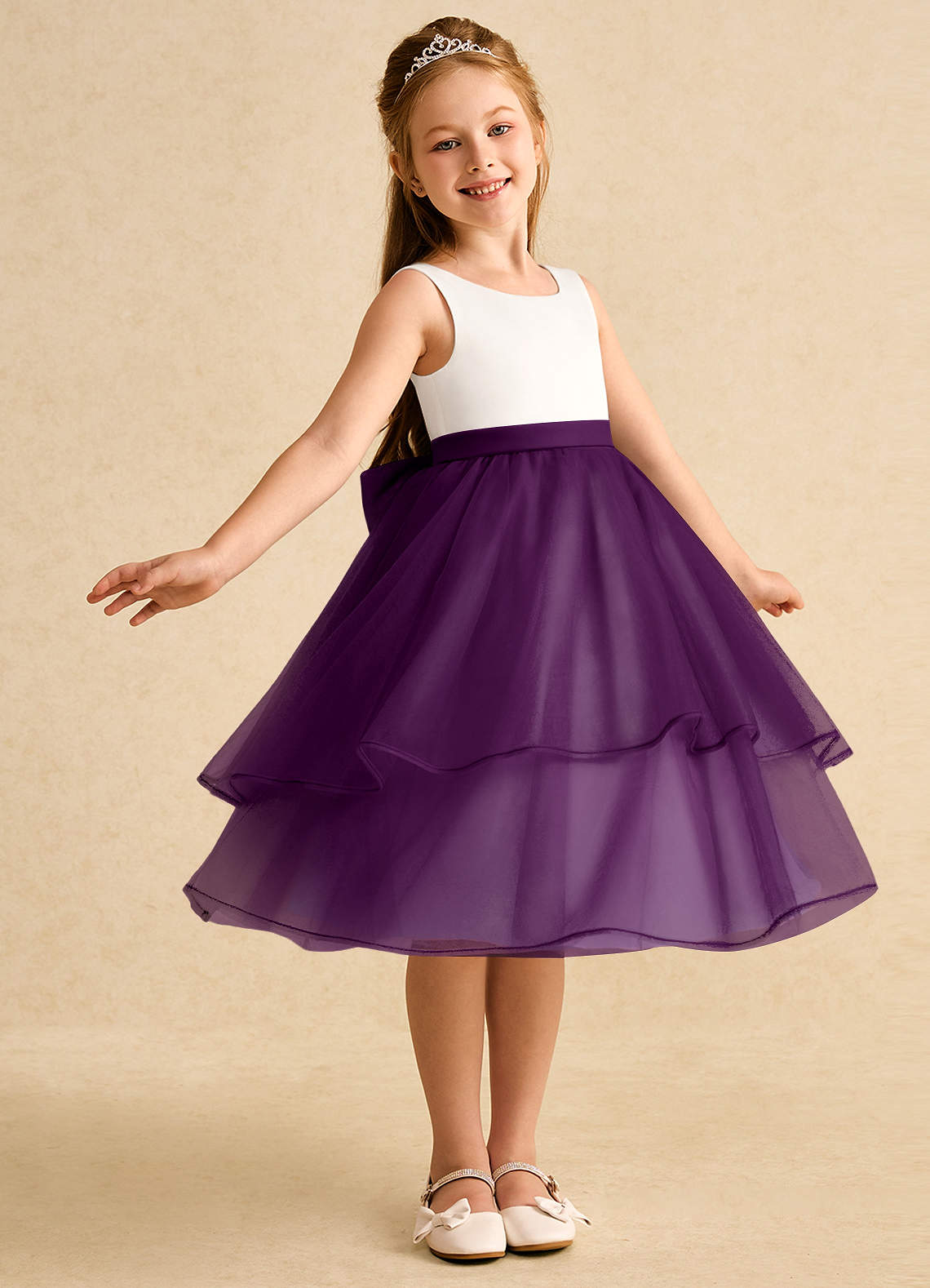 Azazie Rene vestidos de niña de las flores Vestido de Marfil Uva de Tul de Corte En A con Lazo image1