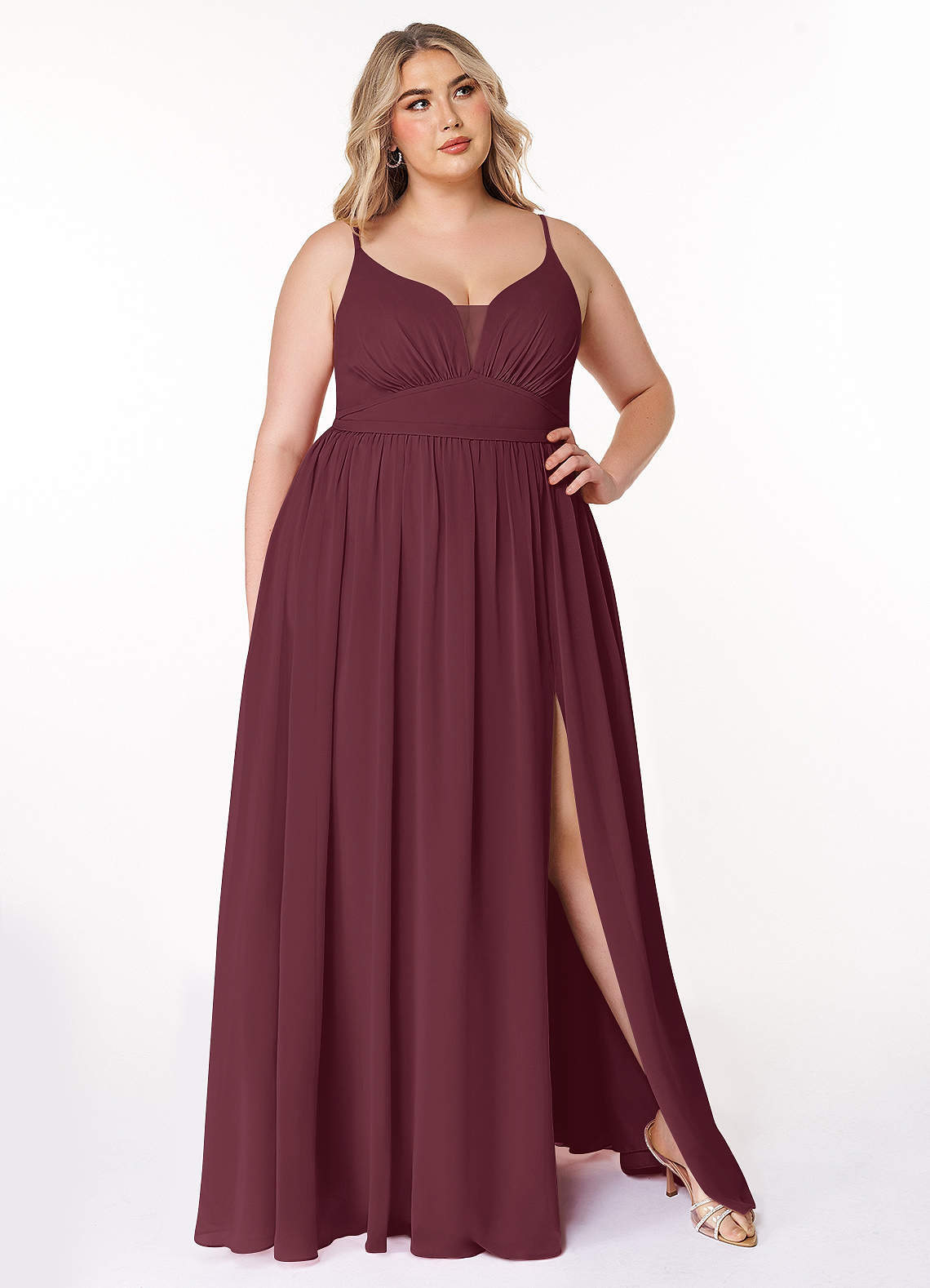 Azazie Rayna Brautjungfernkleider A-Linie V-Hals Gefaltet Chiffon Kleid Cabernetrot image1