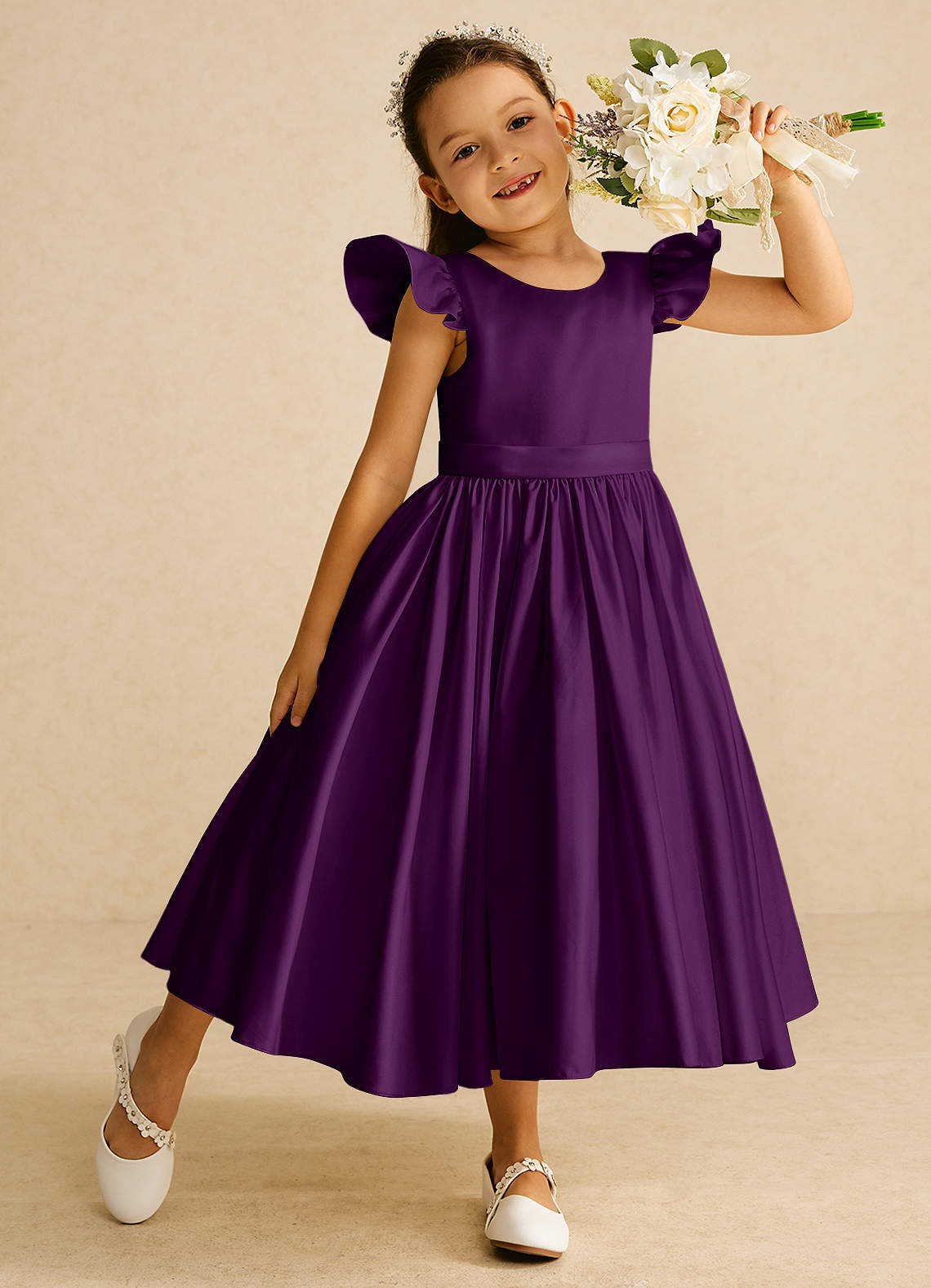 Azazie Violeta vestidos de niña de las flores Vestido de Uva de Satin Mate de Princesa con Lazo image1