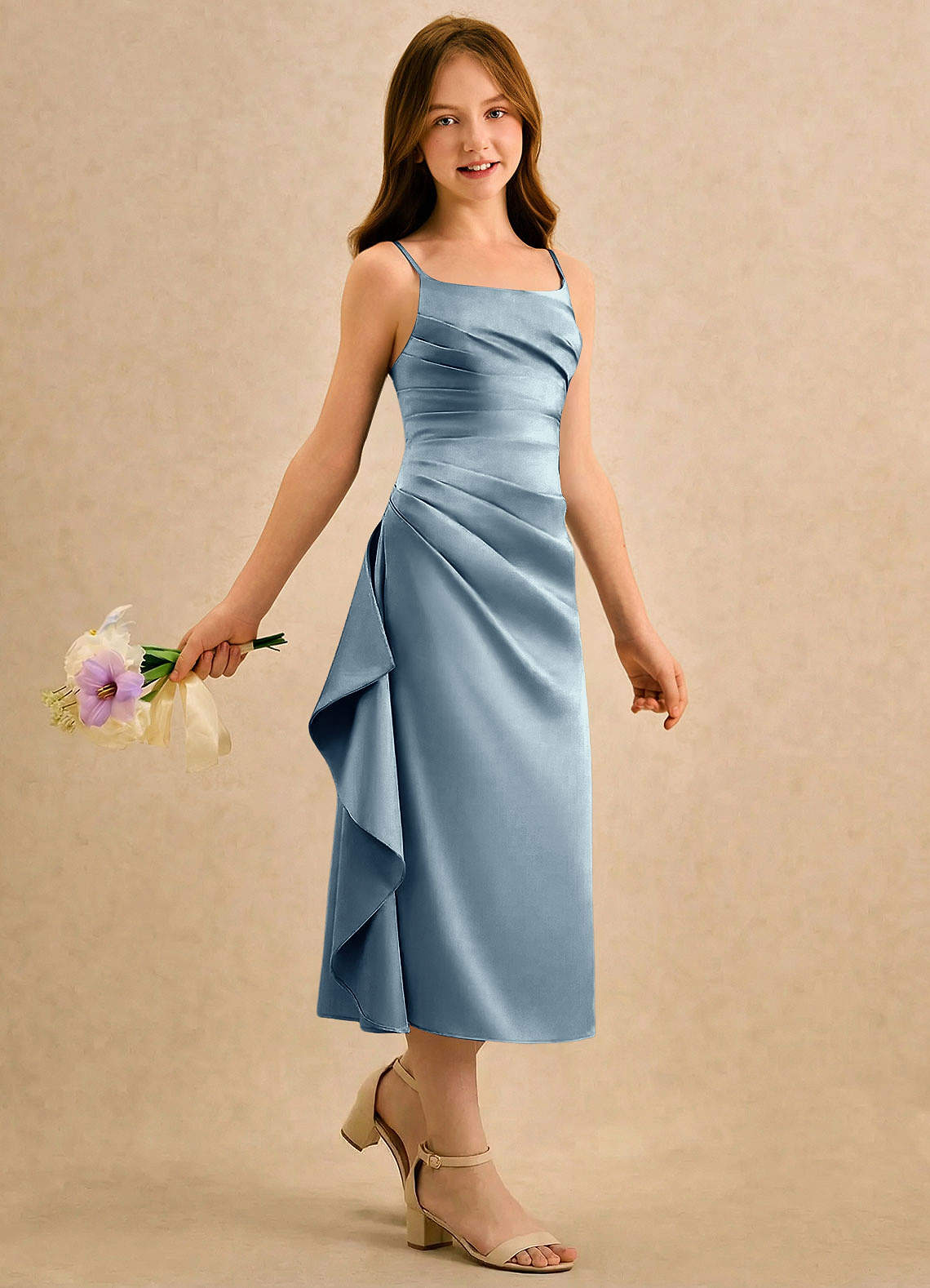 Azazie Canna Girls Formal Blomsterpigekjoler A-Line Plisseret Stræk satin Te-længde Kjole image2