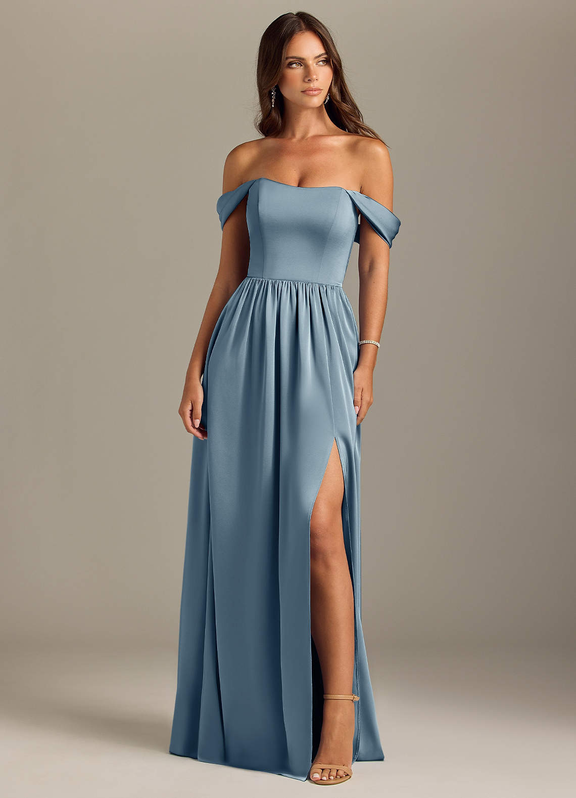 Azazie Calianna Bridesmaid Dresses Dusty Blue A-Line Off the Shoulder Stretch Satin Convertible Dress image1