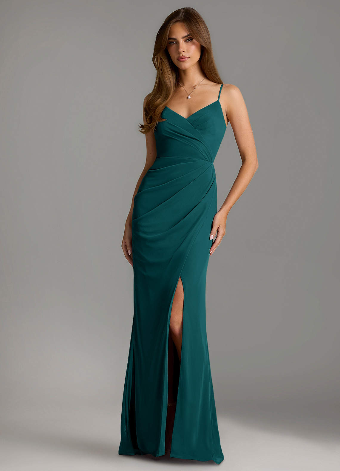 Azazie Maci Brautjungfernkleider Etui Plissee Gittergewebe Kleid Pfau image1