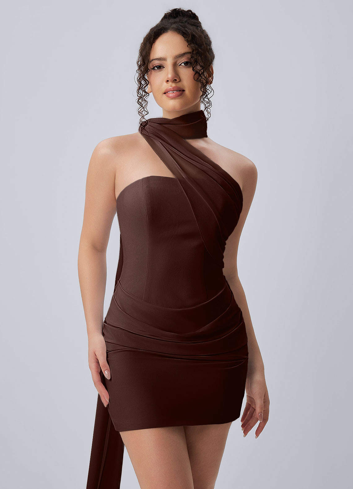 asymmetrical halter mini dress Henriette Ganache Asymmetric Draped Open Back Color:ivory Stretchy mesh knit shapes cd0188 Off White A Line