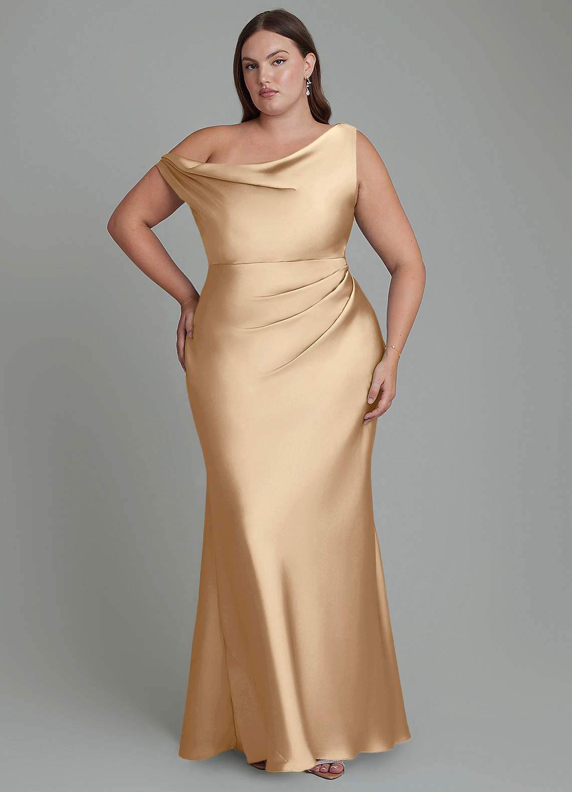 Azazie Emerson Bridesmaid Dresses Champagne Mermaid Off the Shoulder Stretch Satin Dress image1