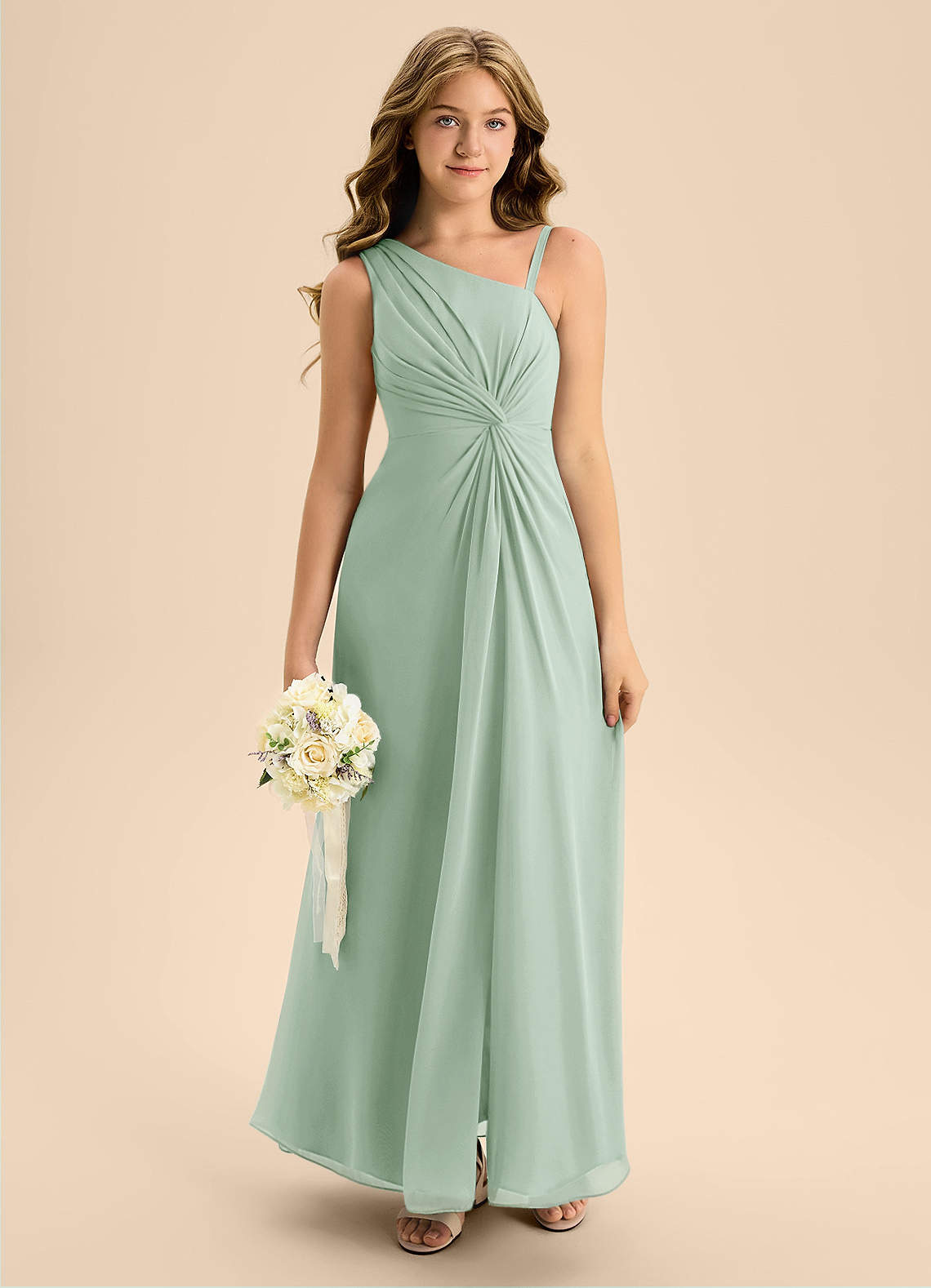 Azazie Brooke Junior Abito A-Line in Chiffon Spacco Laterale Agave image2