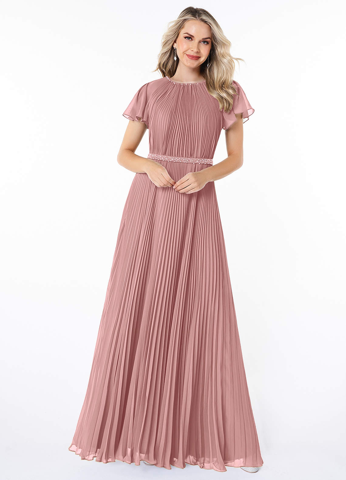 Azazie Kara Modest Bridesmaid Dresses A-Line Pleated Chiffon Floor-Length Dress image3