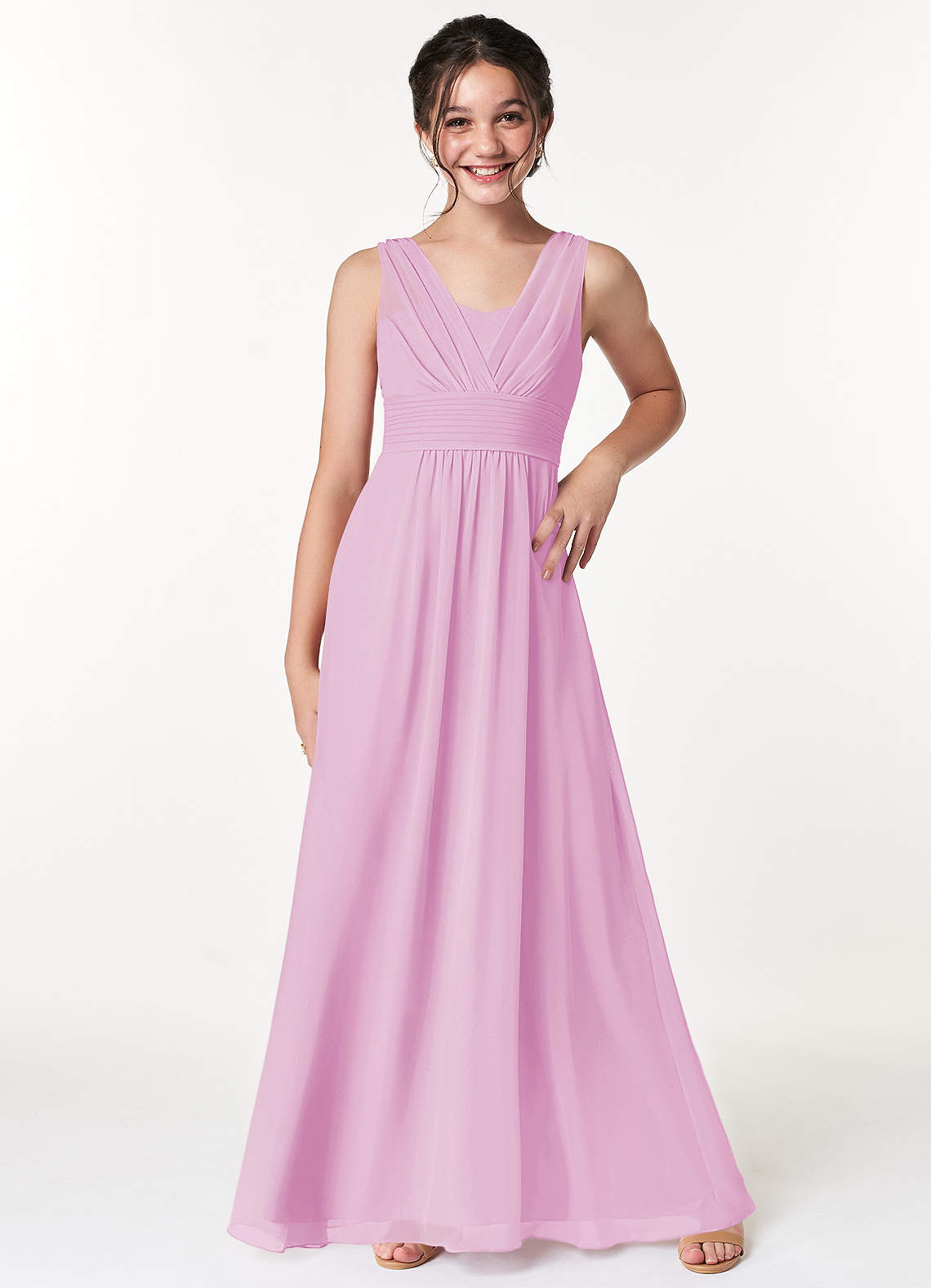 Azazie Sophia Junior Candy Pink A-Line Pleated Chiffon Dress image1