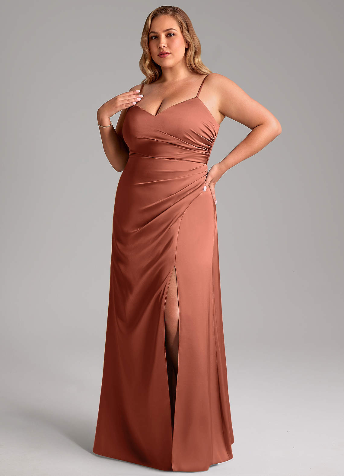 Azazie Azuree Bridesmaid Dresses Clay A-Line Pleated Stretch Satin Dress image1