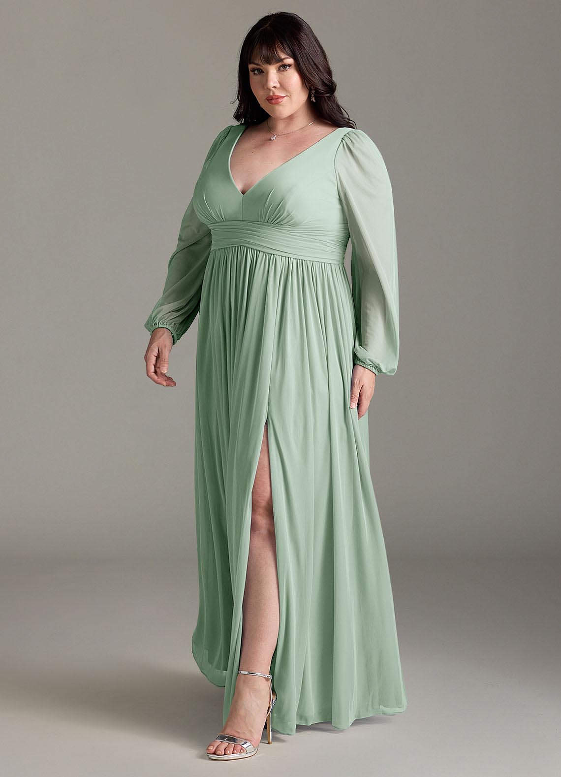 Azazie Norah Abiti da Damigella Abito A-Line in Chiffon con Maniche lunghe e Scollo a V Agave image10