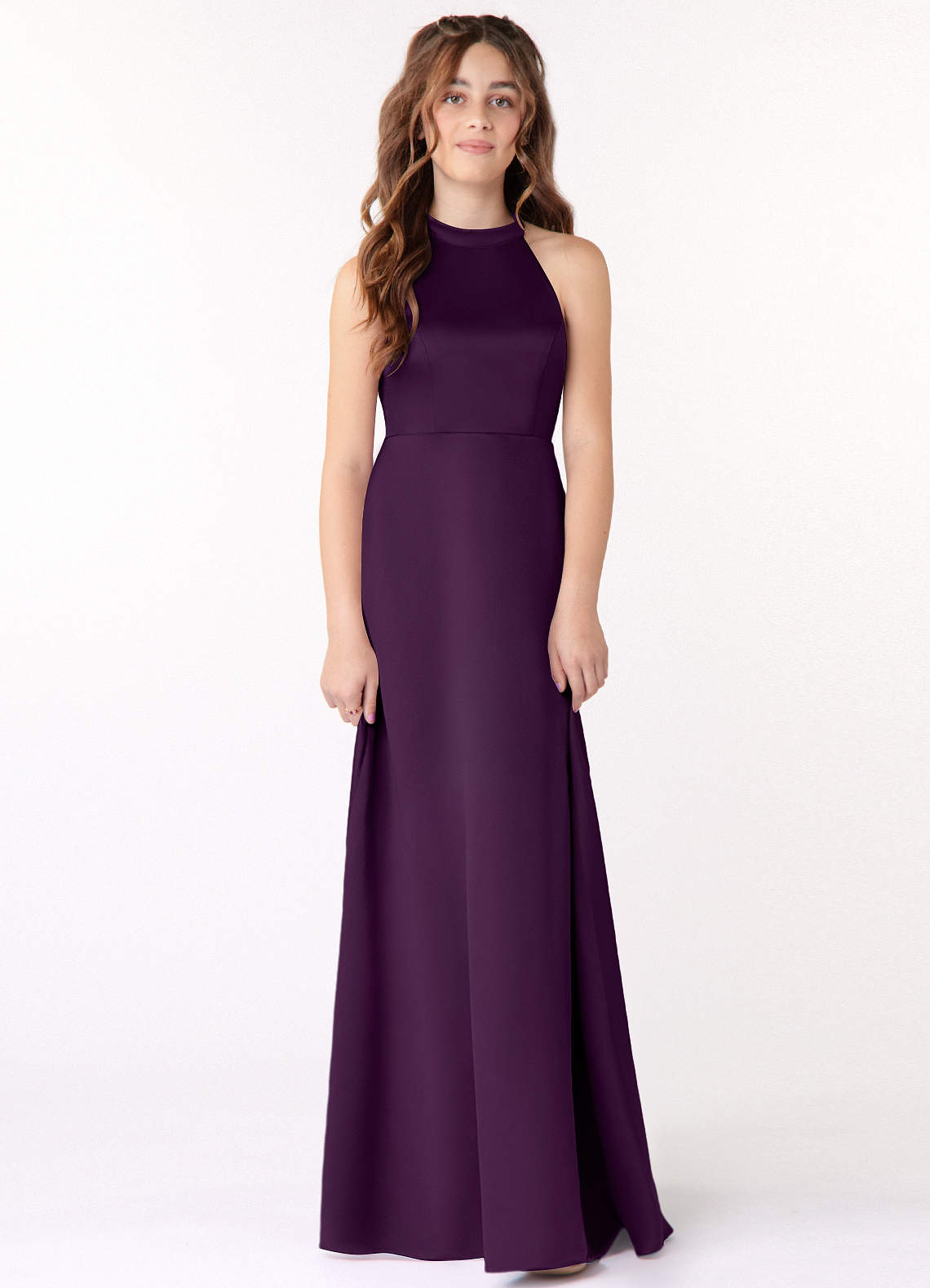 Azazie Laurel Junior Grape A-Line Stretch Satin Dress image1