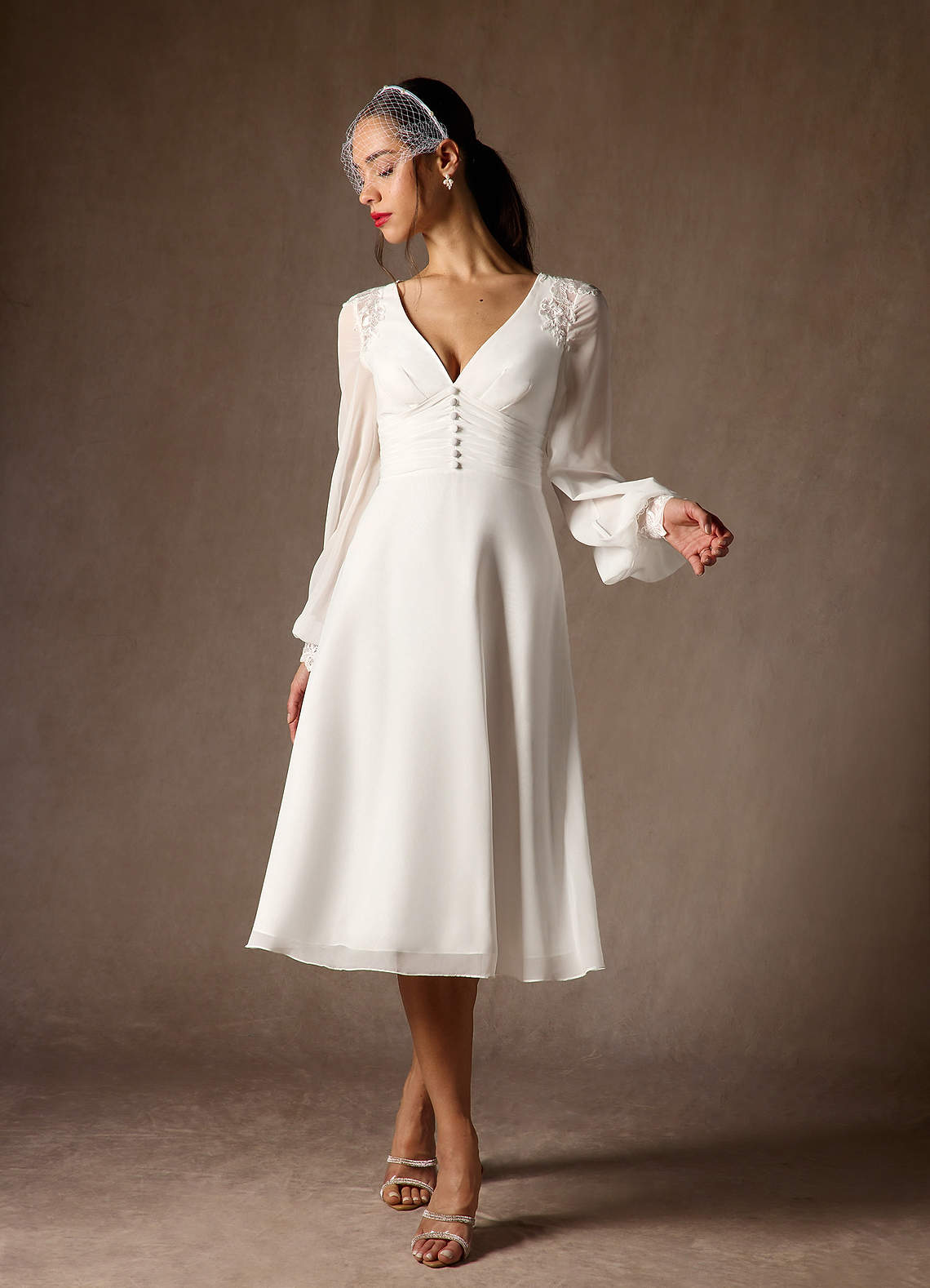 Azazie Amila At-home Try On Dresses Diamond White A-Line V-Neck Lace Chiffon Dress image1